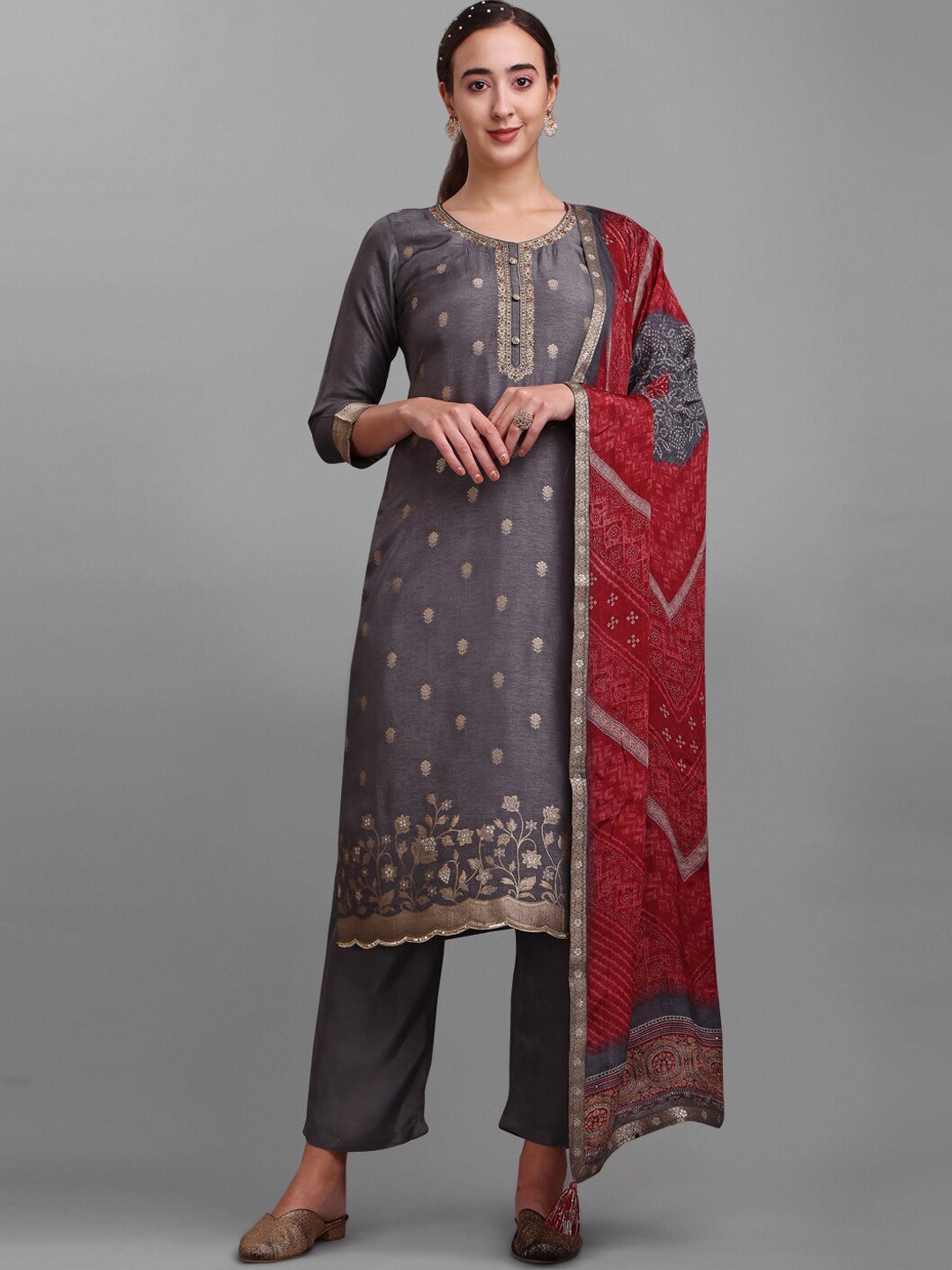 

Seerat Woven Design Zari Pure Silk Kurta with Trousers & Dupatta, Grey