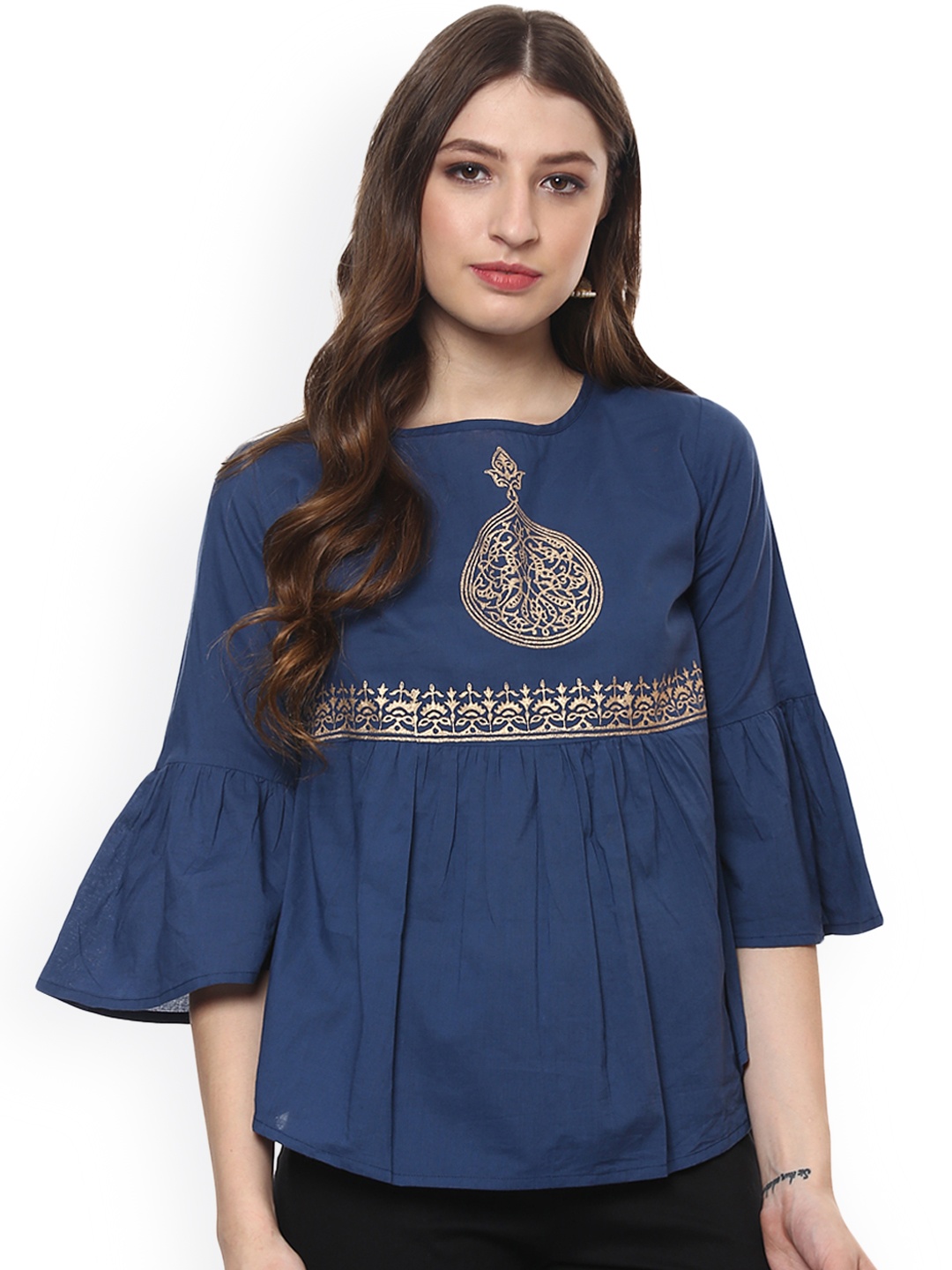 

Bhama Couture Women Blue Printed A-Line Pure Cotton Top
