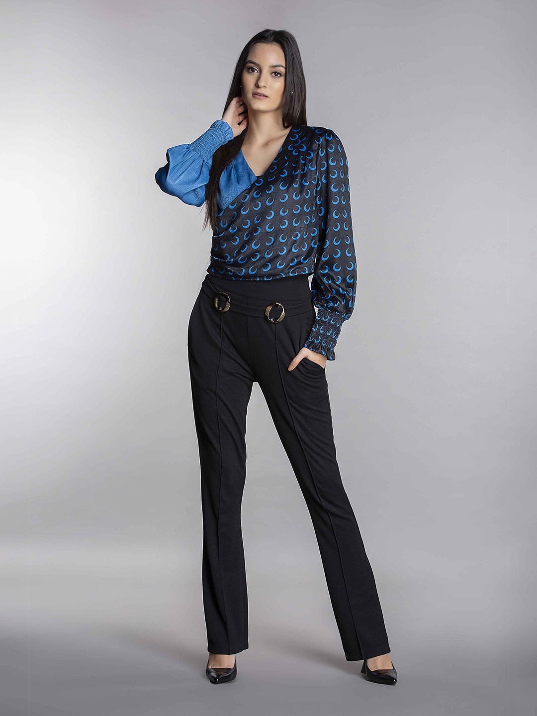 

MKOAL Geometric Printed Bell Sleeve Smocked Satin Wrap Top, Blue