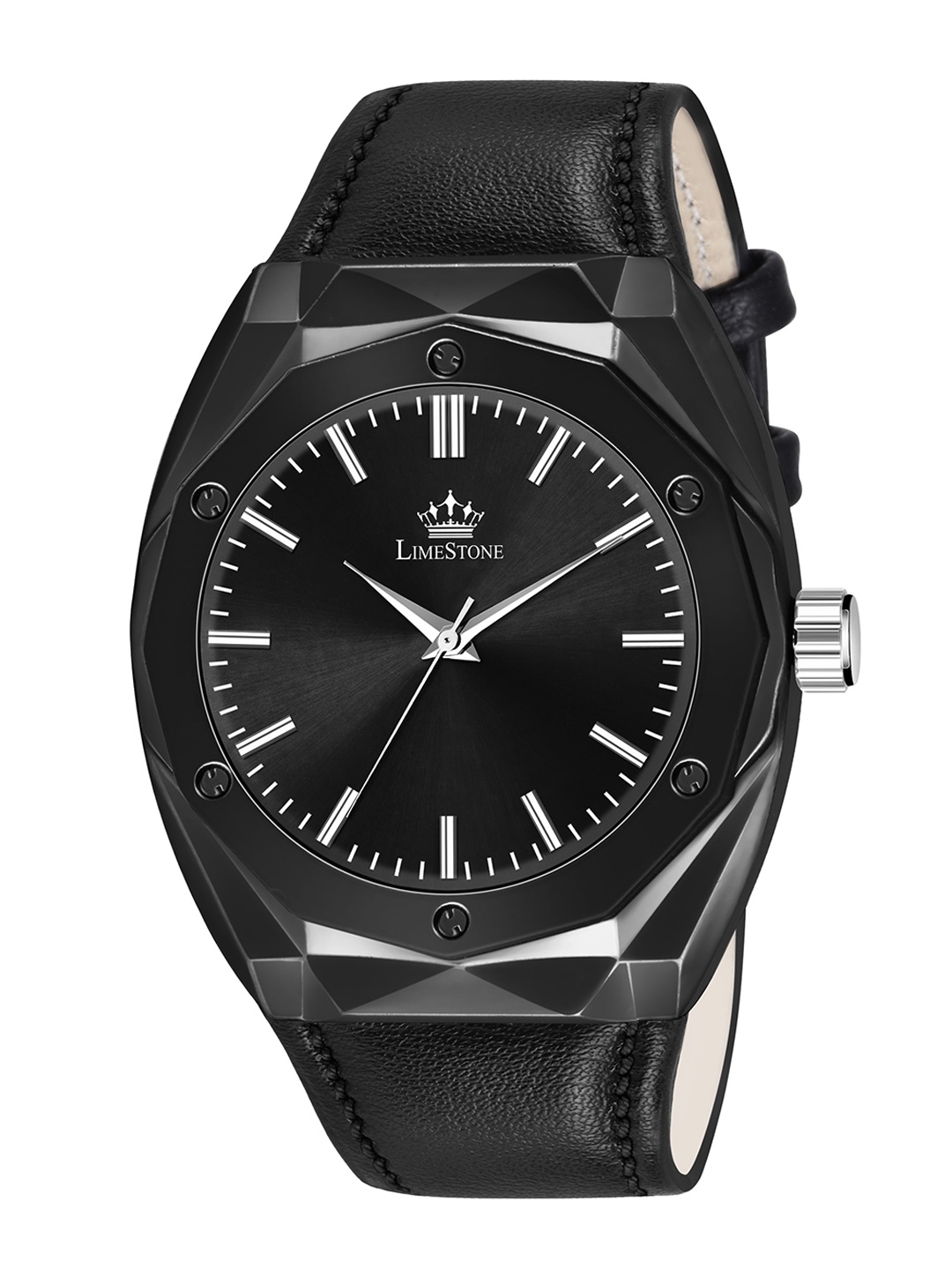 

LIMESTONE Men Brass Dial Leather Straps Analogue Watch LUXE129, Black