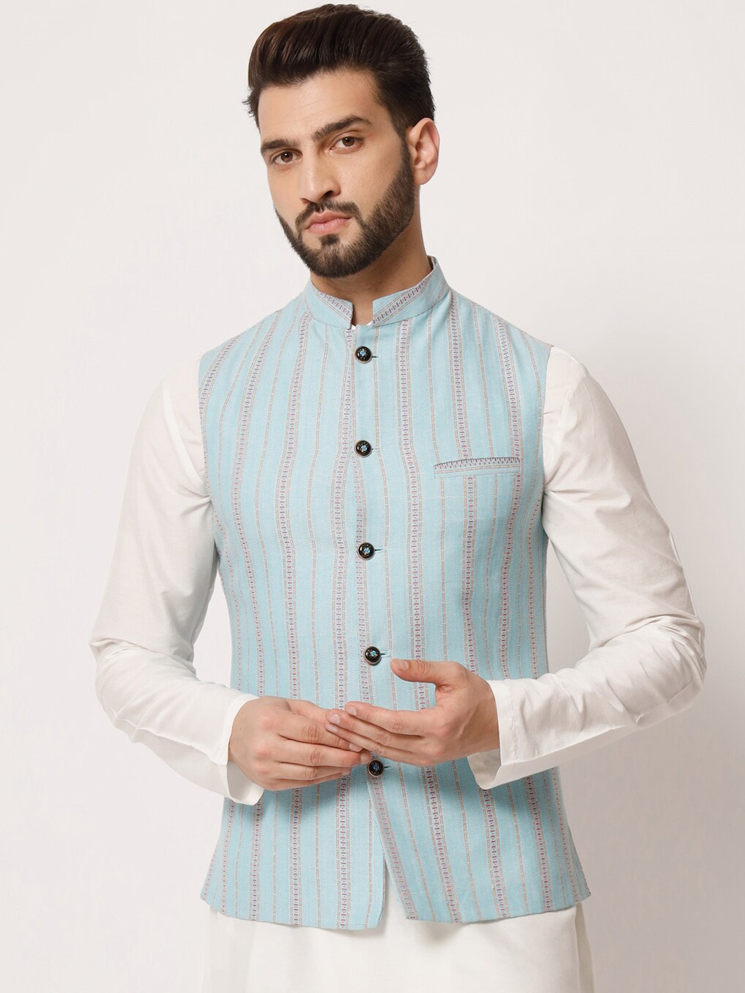 

MAXENCE Striped Mandarin Collar Pure Silk Nehru Jacket, Blue