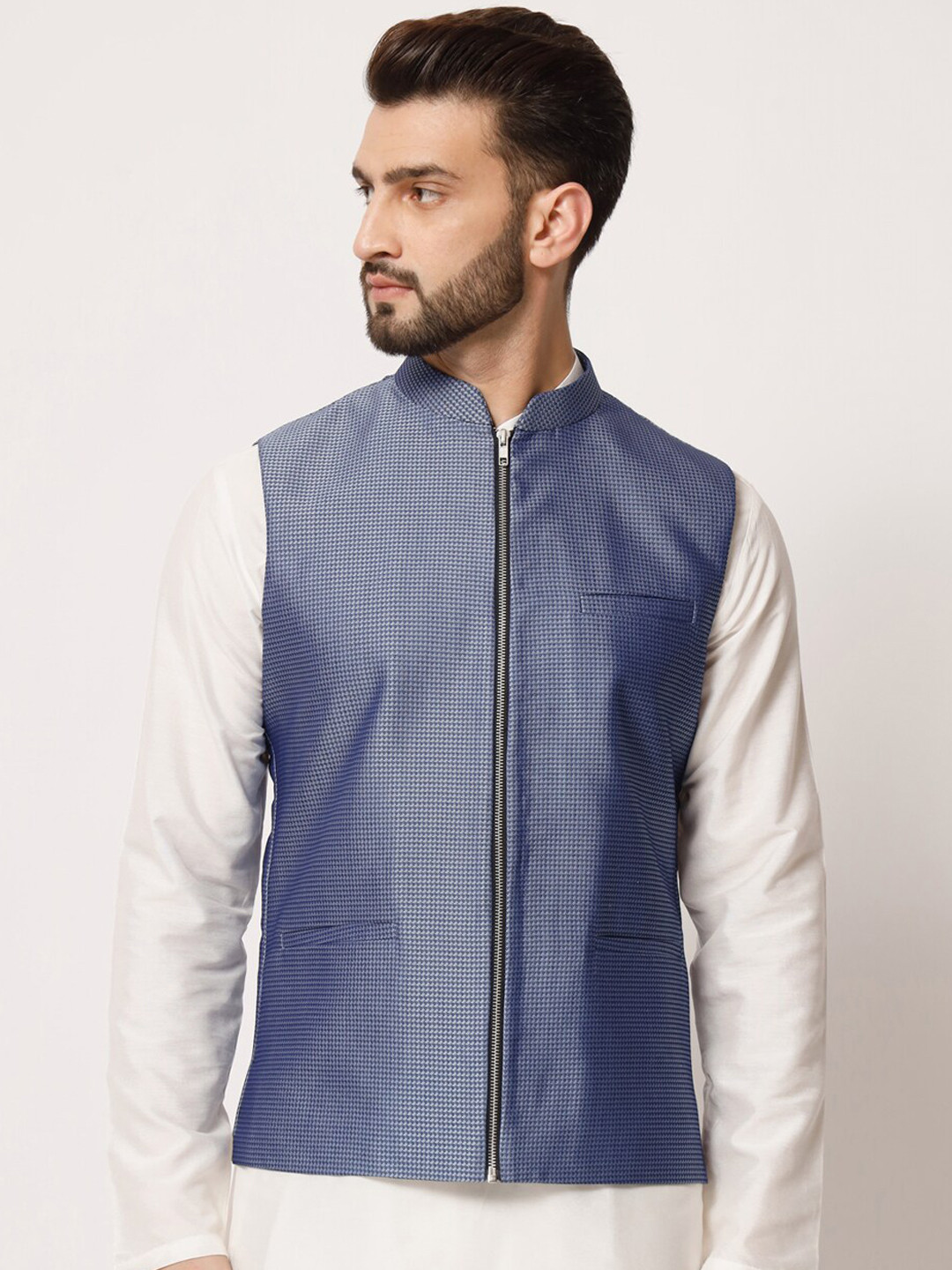 

MAXENCE Woven Design Mandarin Collar Pure Silk Nehru Jacket, Blue