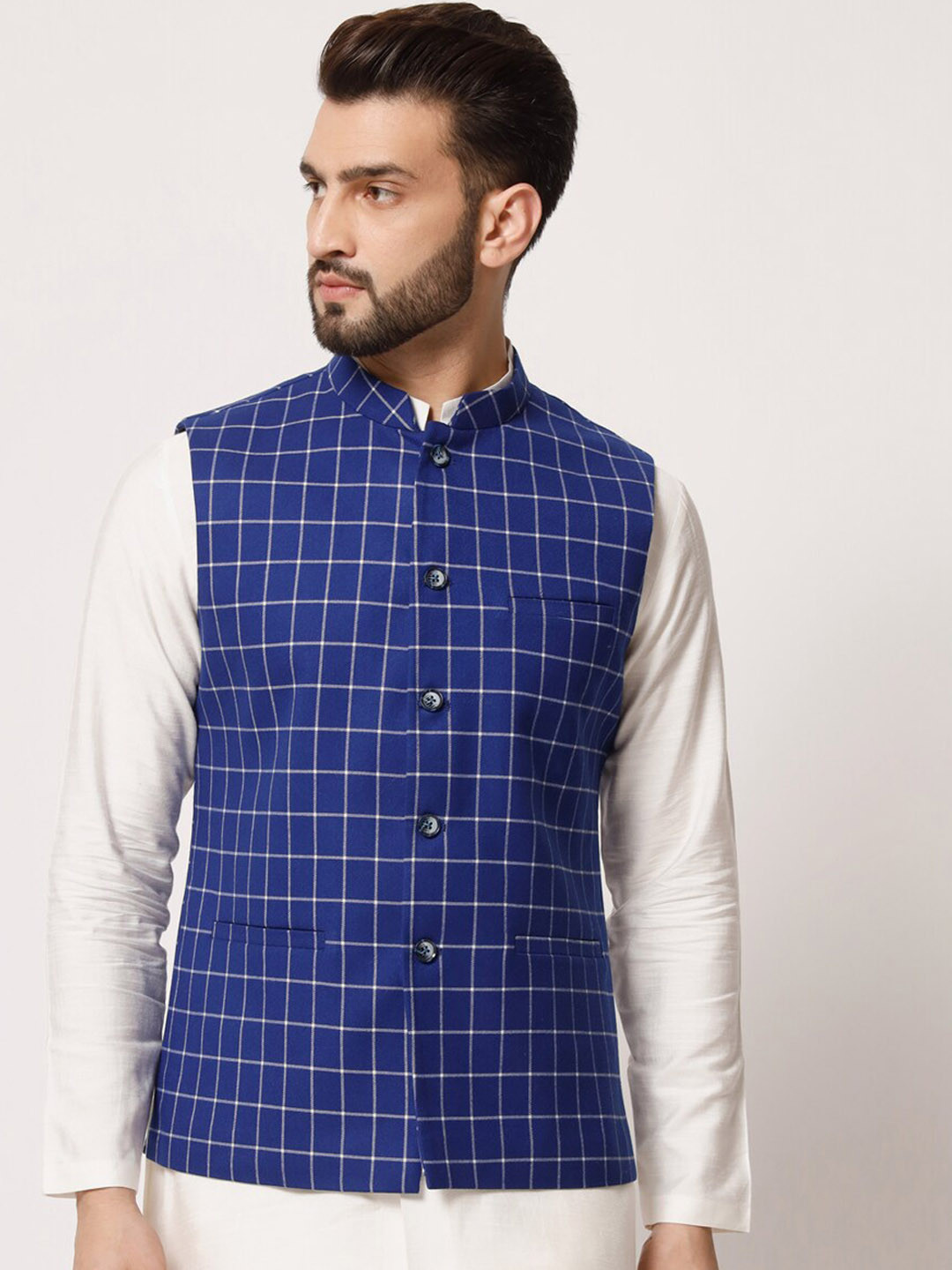 

MAXENCE Checked Mandarin Collar Pure Silk Nehru Jacket, Blue
