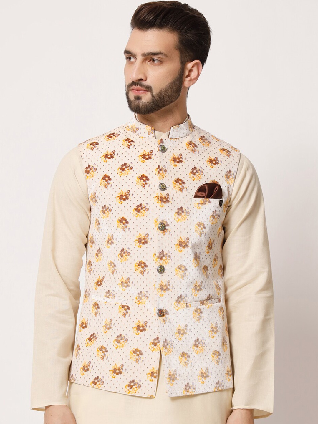 

MAXENCE Floral Printed Mandarin Collar Pure Silk Nehru Jacket, Cream