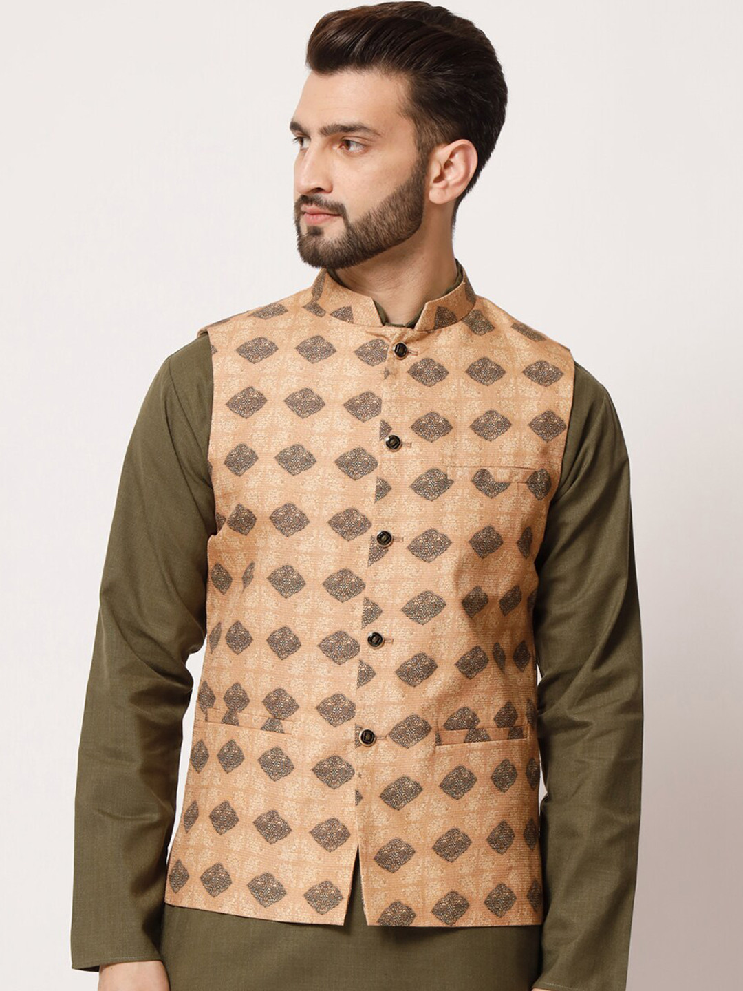 

MAXENCE Printed Pure Silk Nehru Jacket, Peach