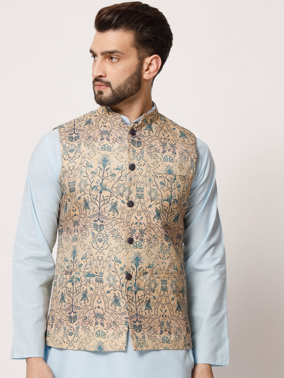 

MAXENCE Printed Mandarin Collar Pure Silk Nehru Jacket, Beige