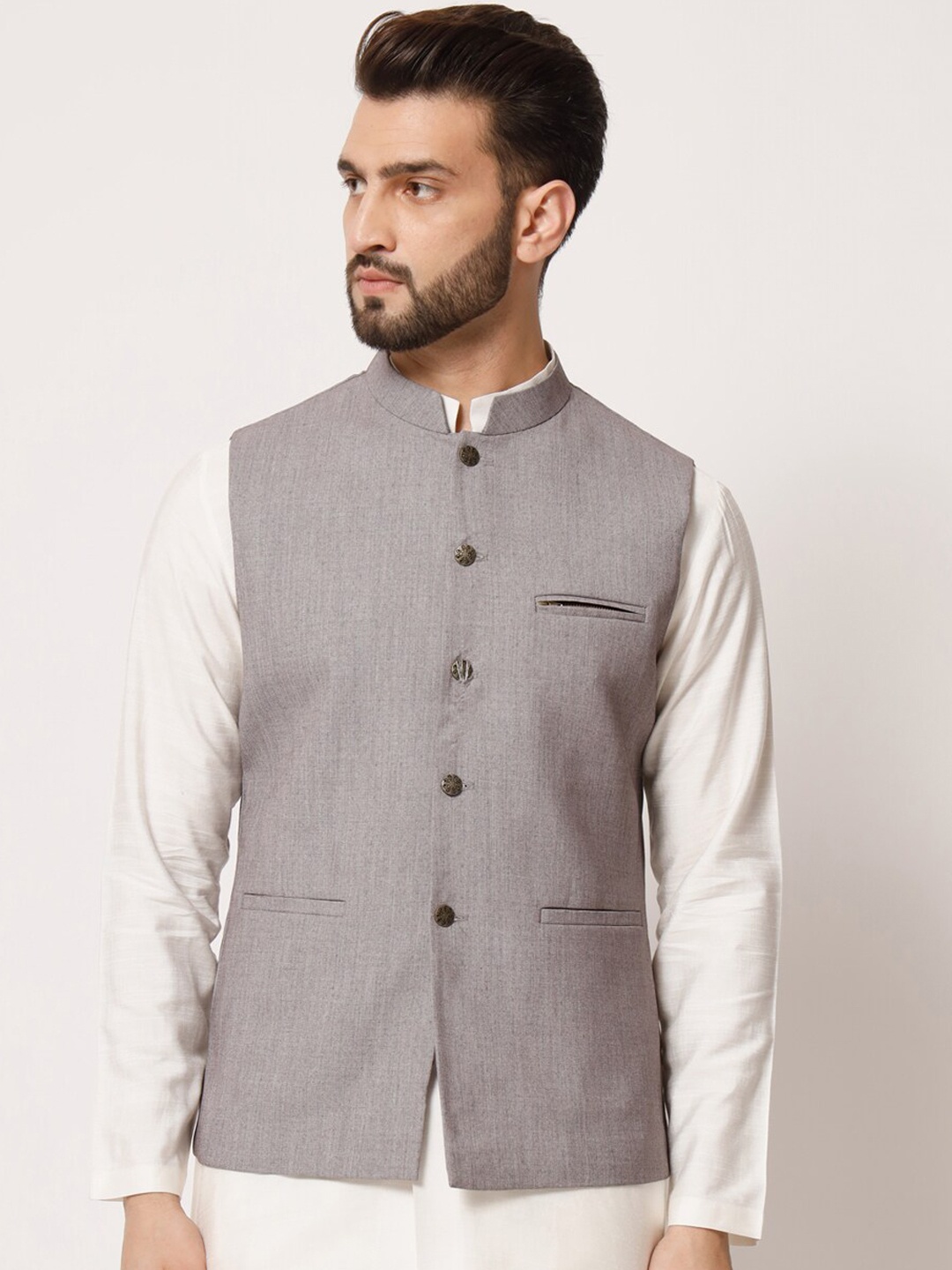 

MAXENCE Mandarin Collar Pure Silk Nehru Jacket, Grey