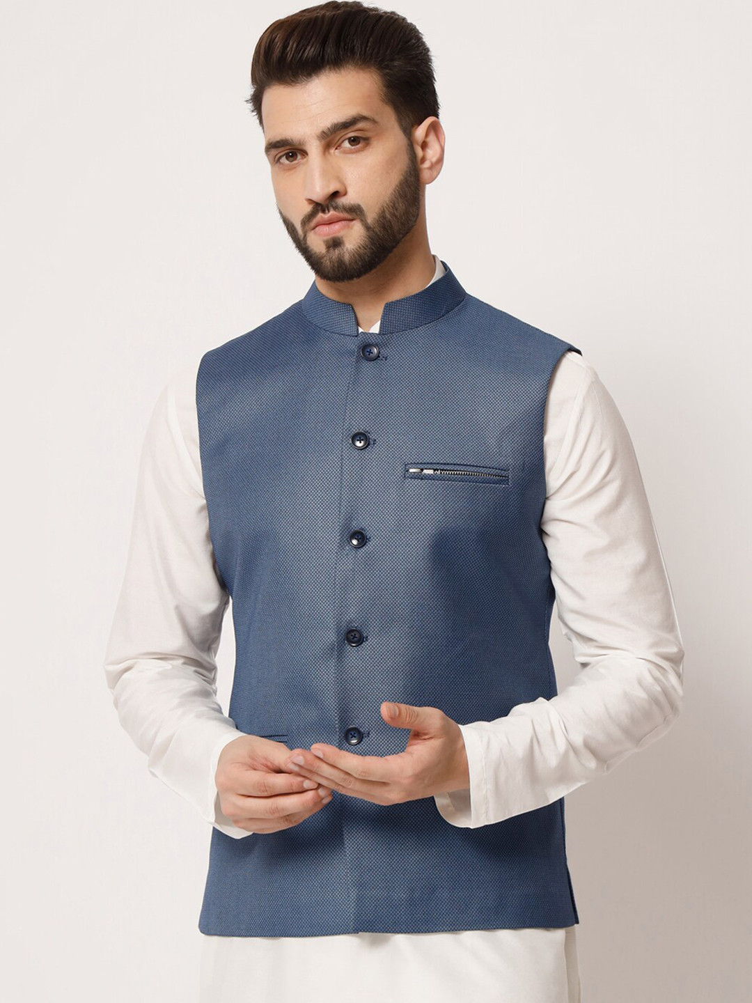 

MAXENCE Mandarin Collar Pure Silk Nehru Jacket, Blue
