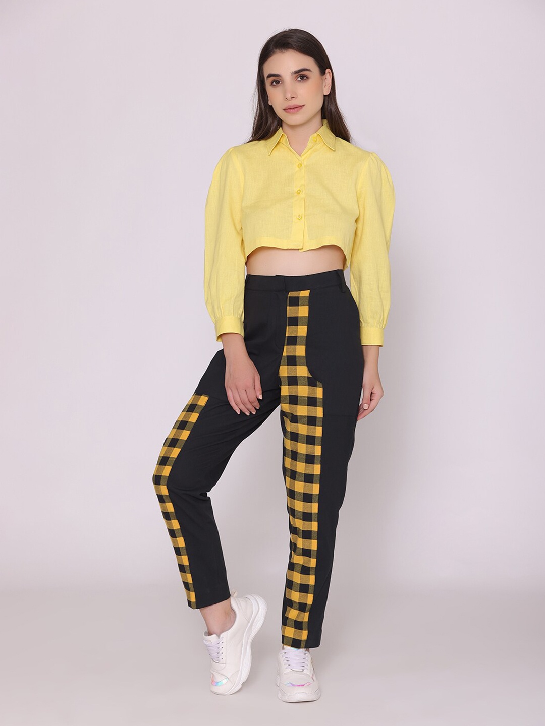 

CUFFS N LASHES Shirt Collar Cotton Shirt Style Crop Top, Yellow