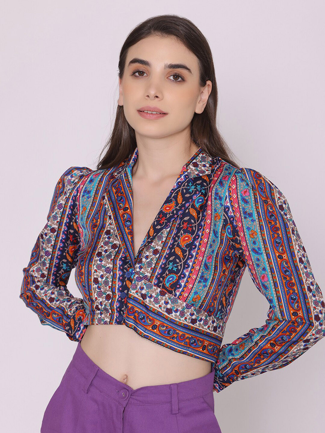 

CUFFS N LASHES Tribal Or Aztec Printed Shirt Style Crop Top, Purple