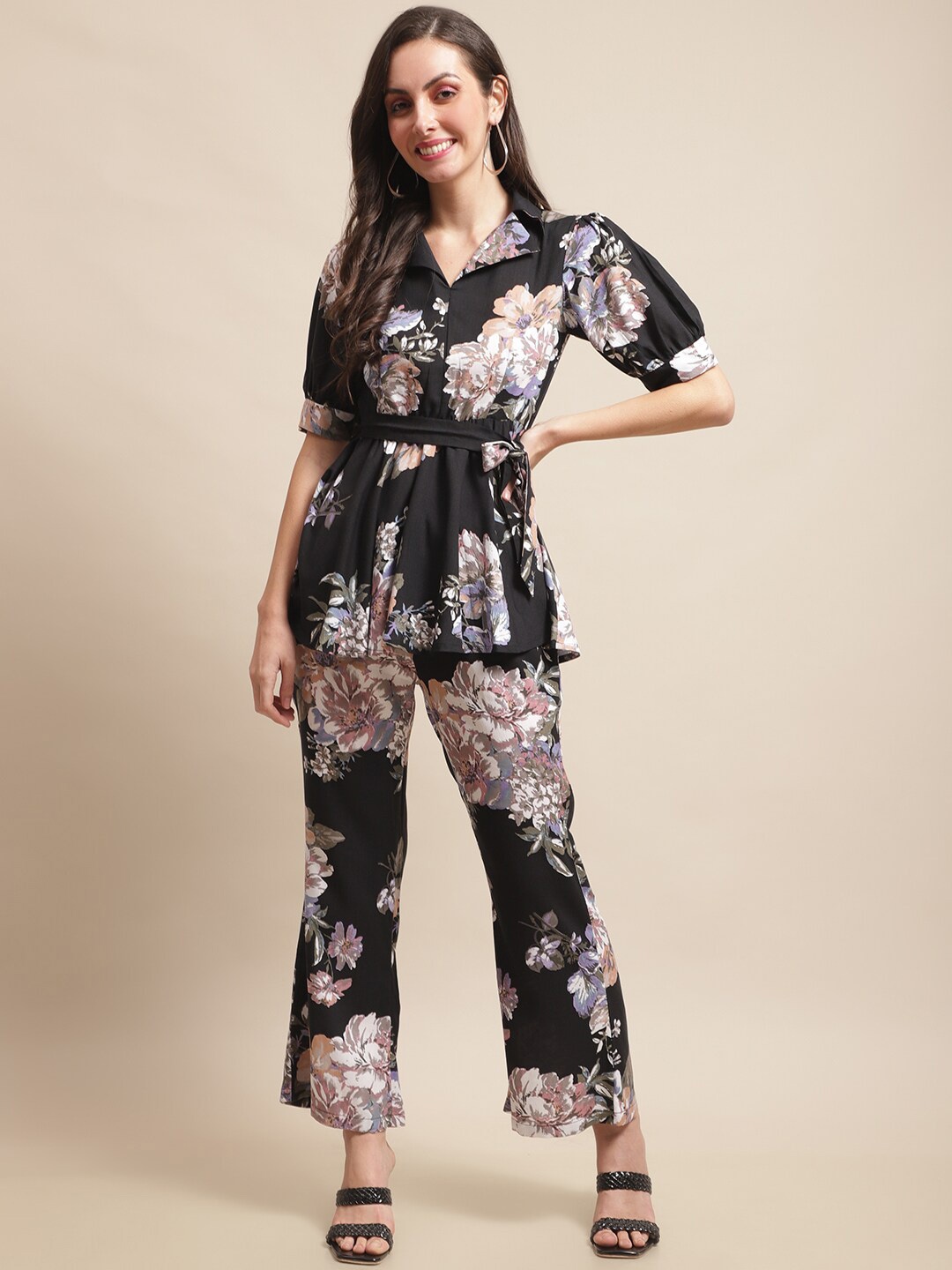 

Claura Floral Printed Puff Sleeves Top With Trousers, Black