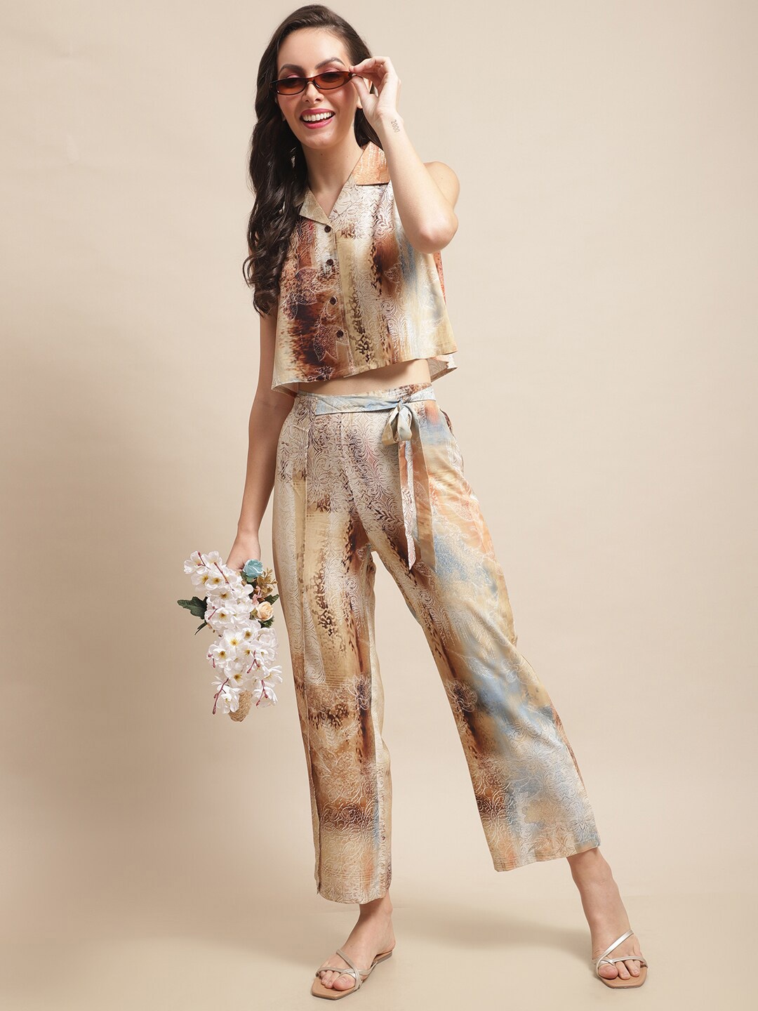 

Claura Printed Cuban Collar Crop Shirt With Trousers, Brown