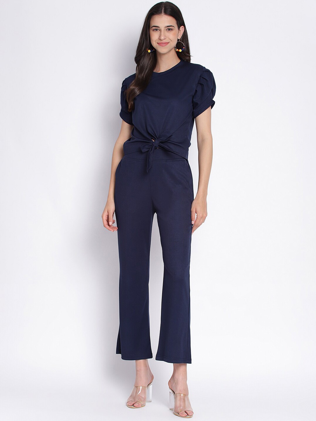 

Duchess Puff Sleeves Knot-Detail Top & Trousers, Blue