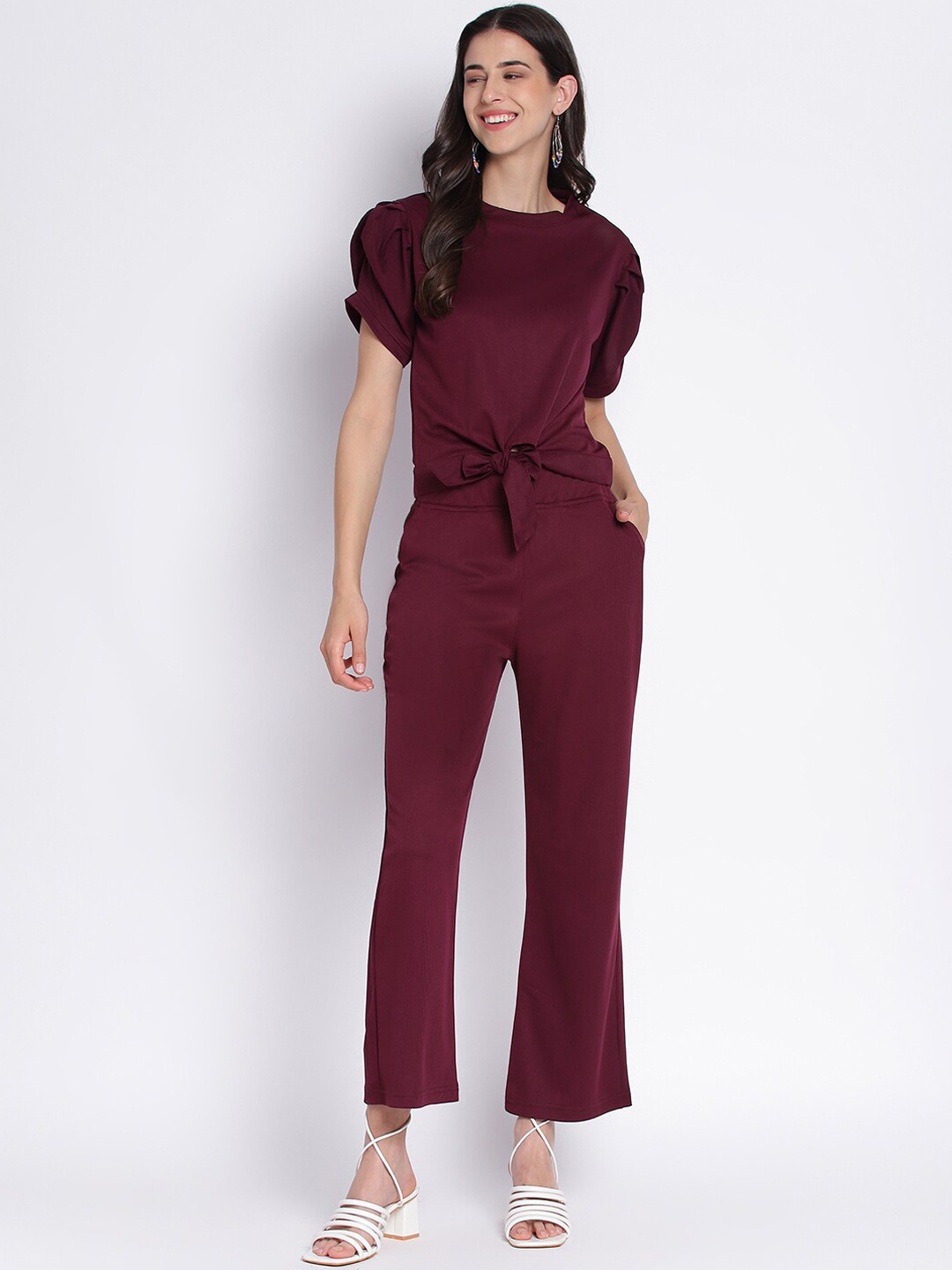 

Duchess Puff Sleeves Knot-Detail Top & Trousers, Maroon