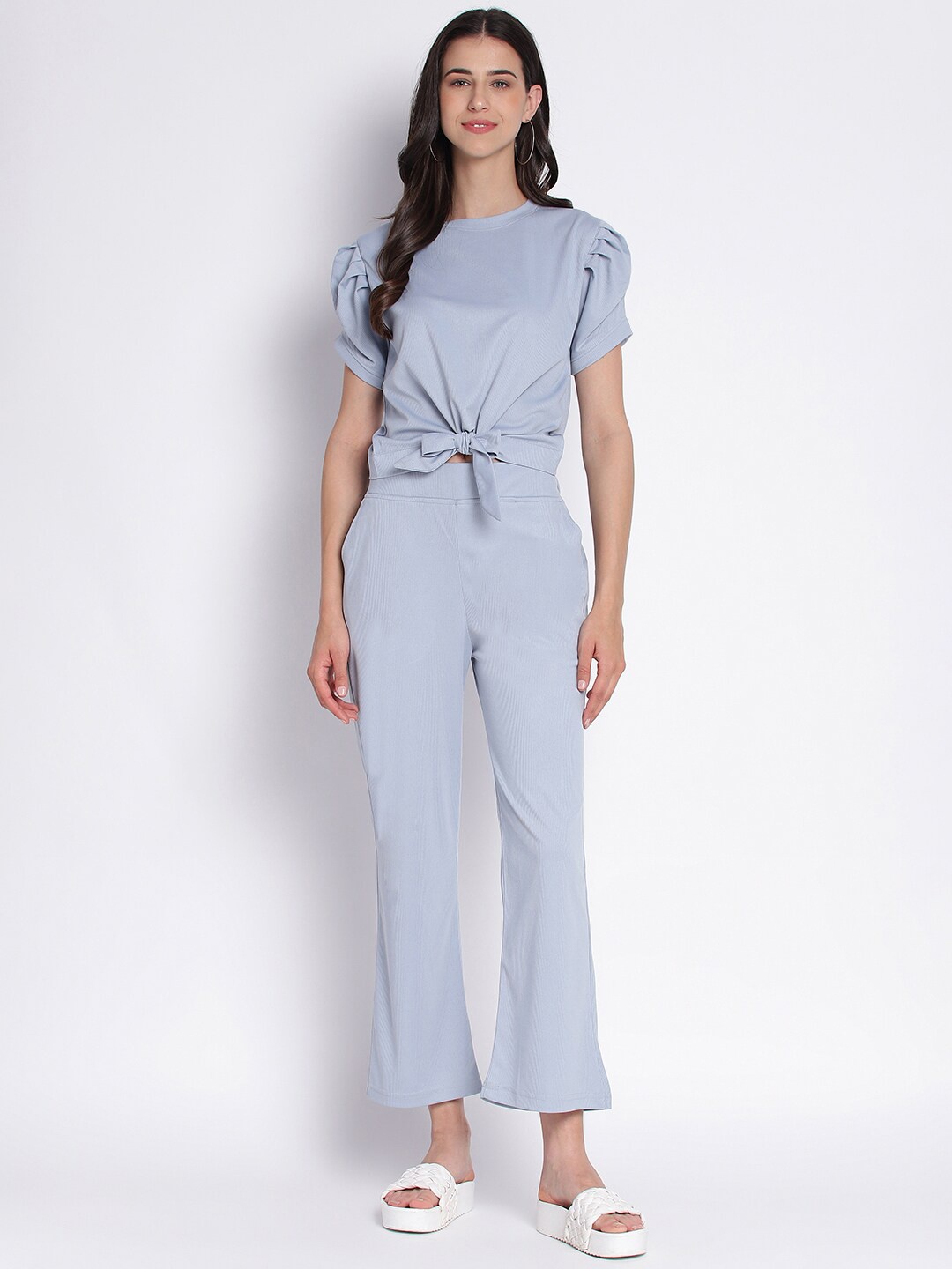 

Duchess Puff Sleeves Knot-Detail Top & Trousers, Blue
