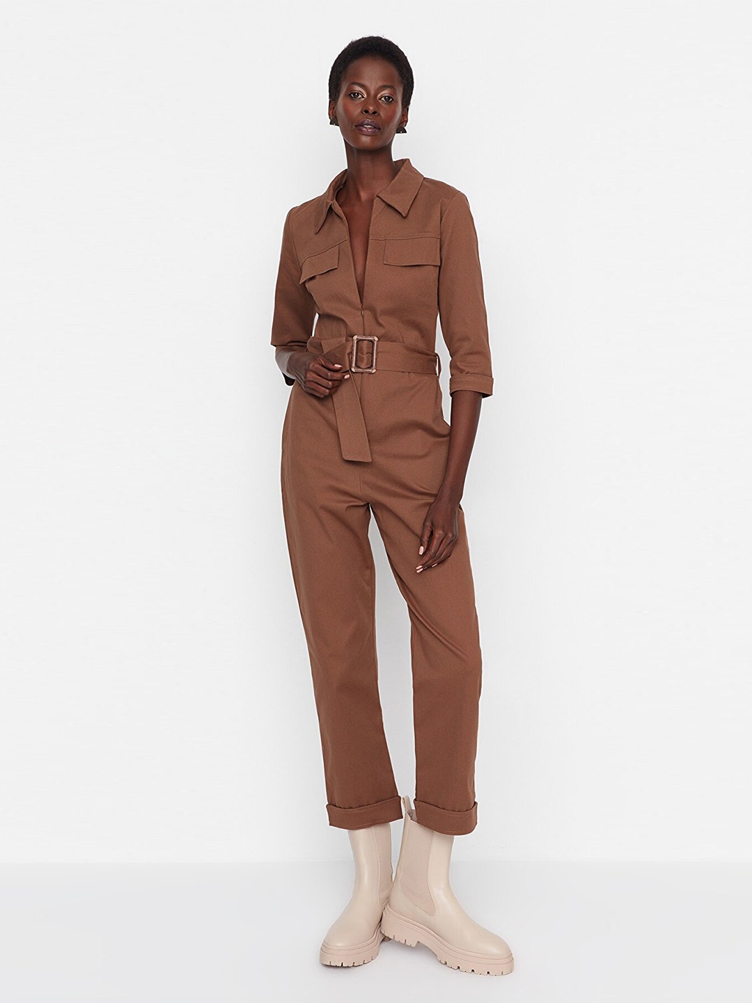 

Trendyol Shirt Collar Basic Jumpsuit, Brown
