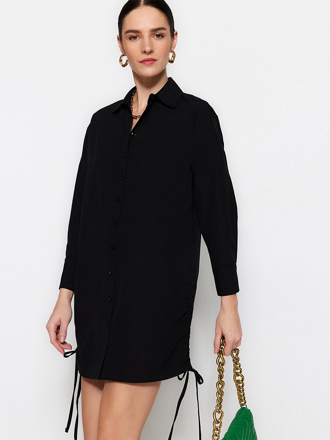 

Trendyol Tie-Up Detail Shirt Mini Dress, Black