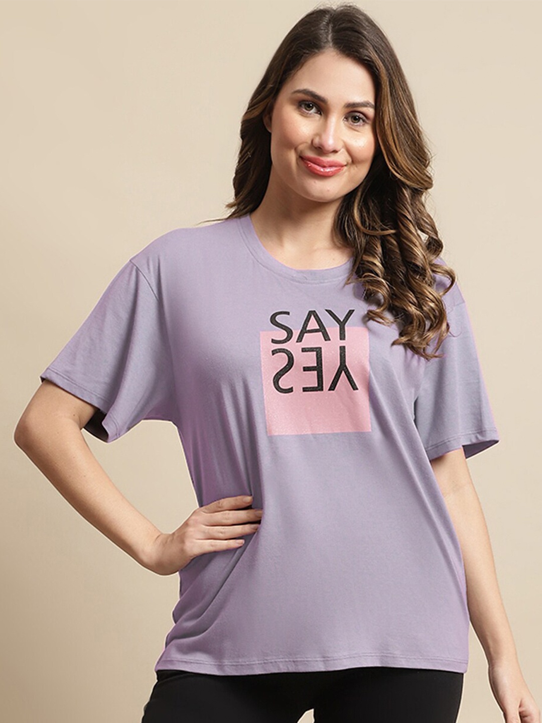

Kanvin Typography Printed Drop Shoulder Sleeves Oversized Fit T-shirt, Lavender