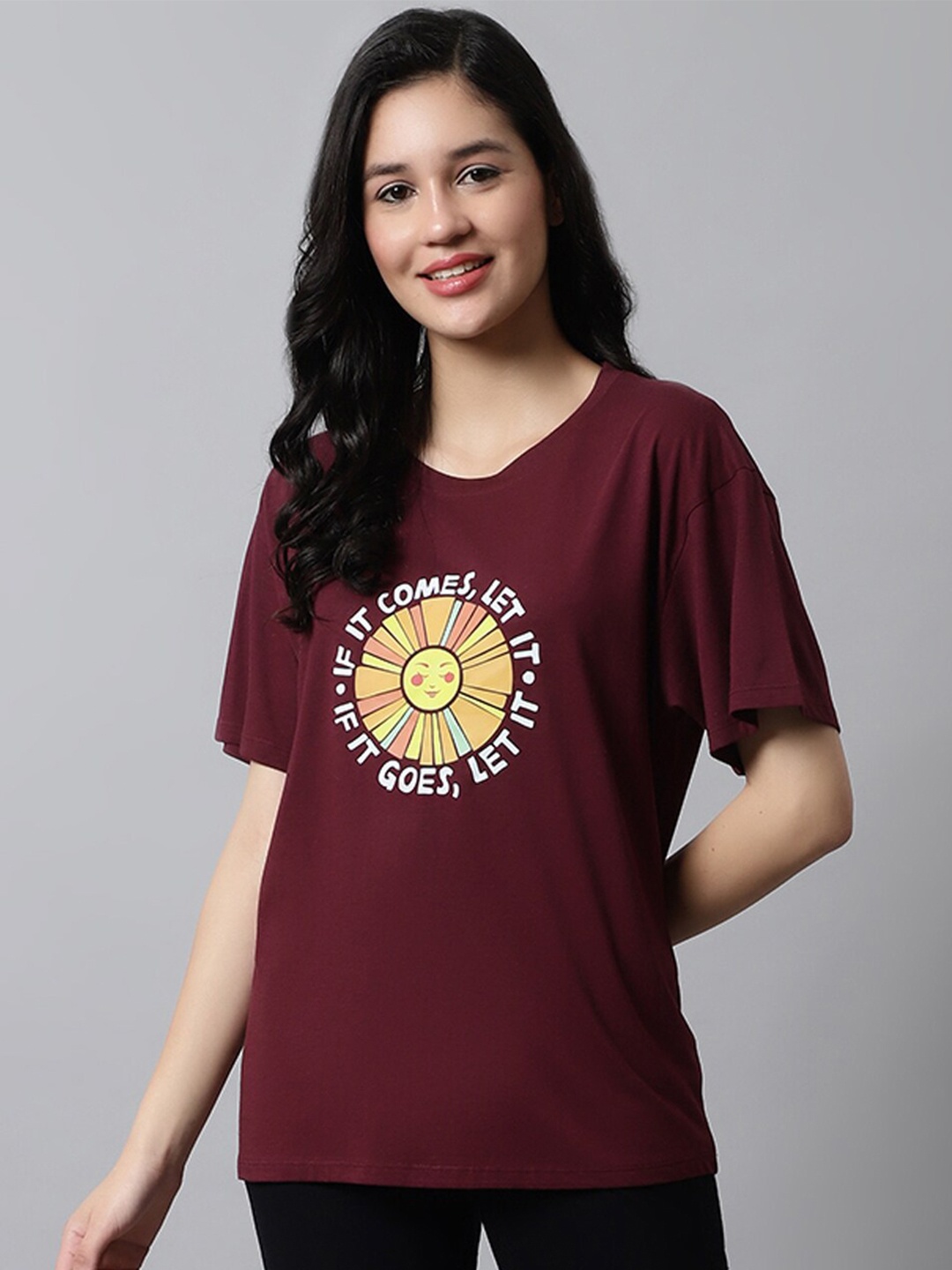 

Kanvin Graphic Printed Drop-Shoulder Sleeves Loose Fit T-shirt, Maroon