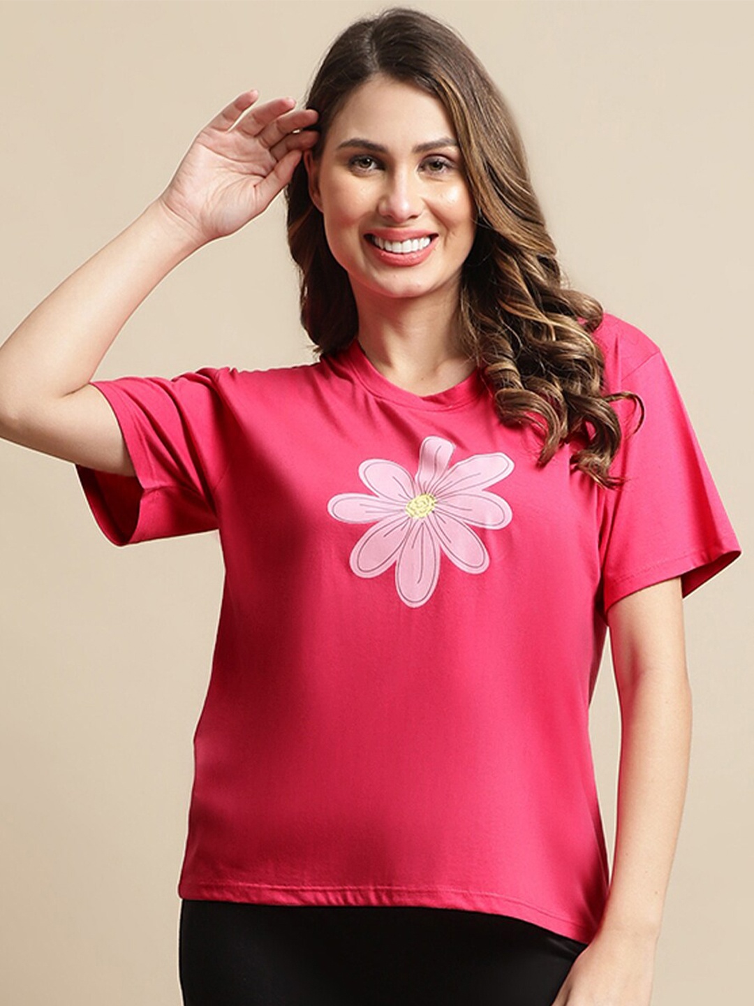 

Kanvin Floral Printed Round Neck Loose Fit T-shirt, Fuchsia