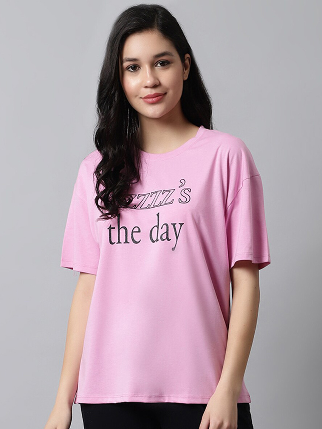 

Kanvin Typography Printed Drop-Shoulder Sleeves Loose T-shirt, Pink