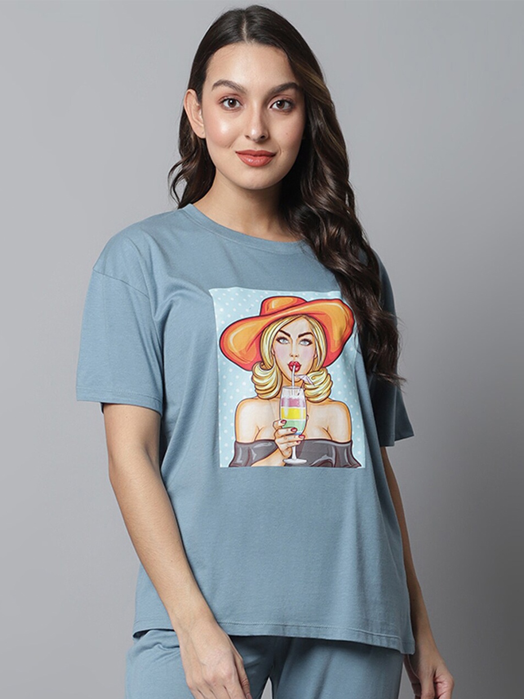 

Kanvin Graphic Printed Drop Shoulder Sleeves Loose Fit T-shirt, Blue
