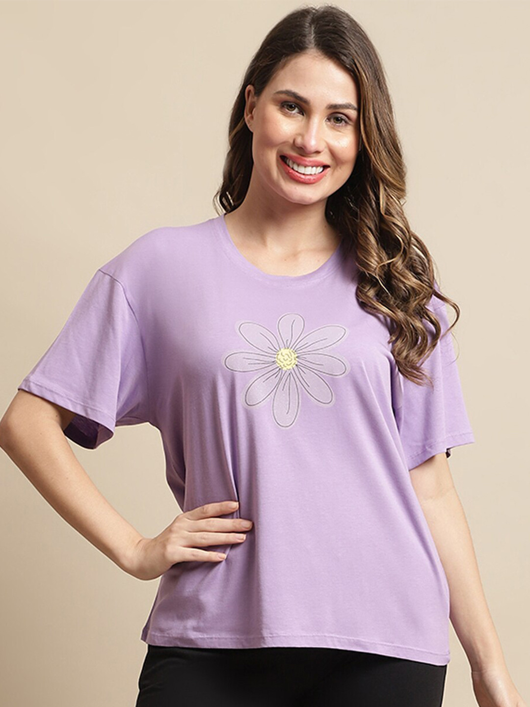 

Kanvin Floral Printed Drop-Shoulder Sleeves Loose Fit T-shirt, Violet