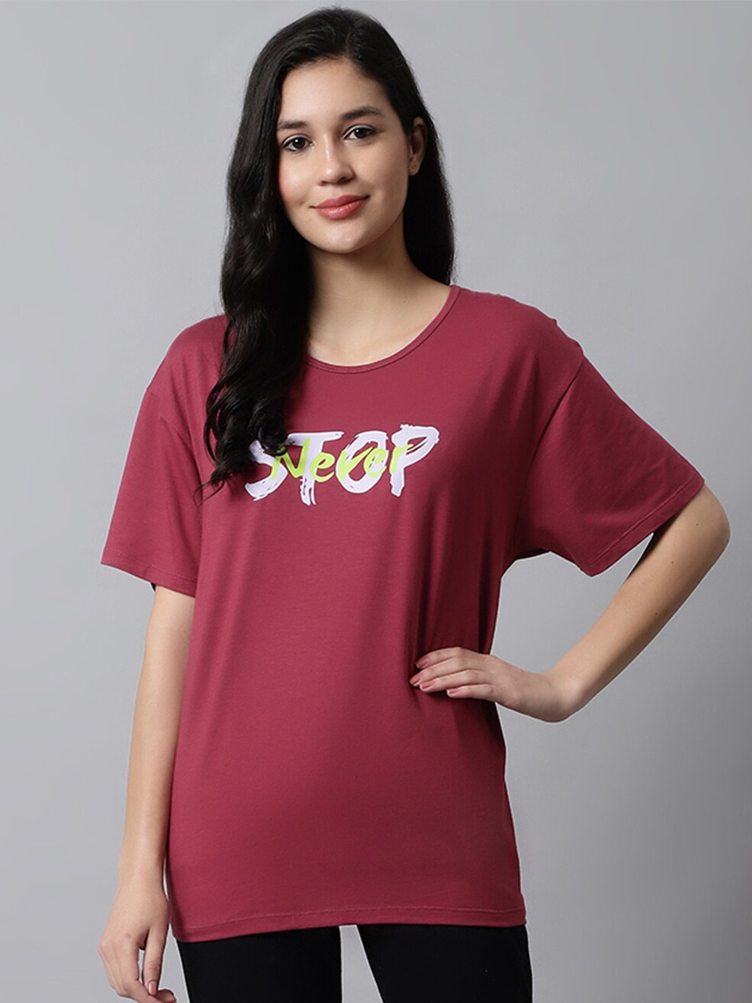 

Kanvin Typography Printed Drop-Shoulder Sleeves Oversize Fit T-shirt, Maroon