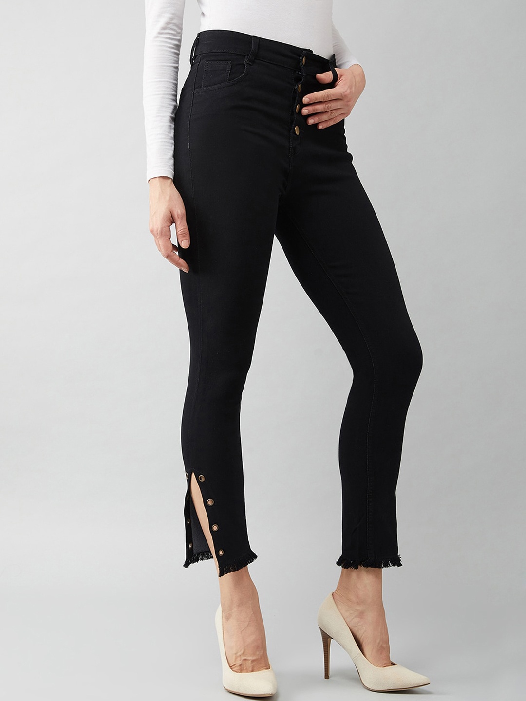 

Miss Chase Women Skinny Fit High-Rise Stretchable Slit Jeans, Black