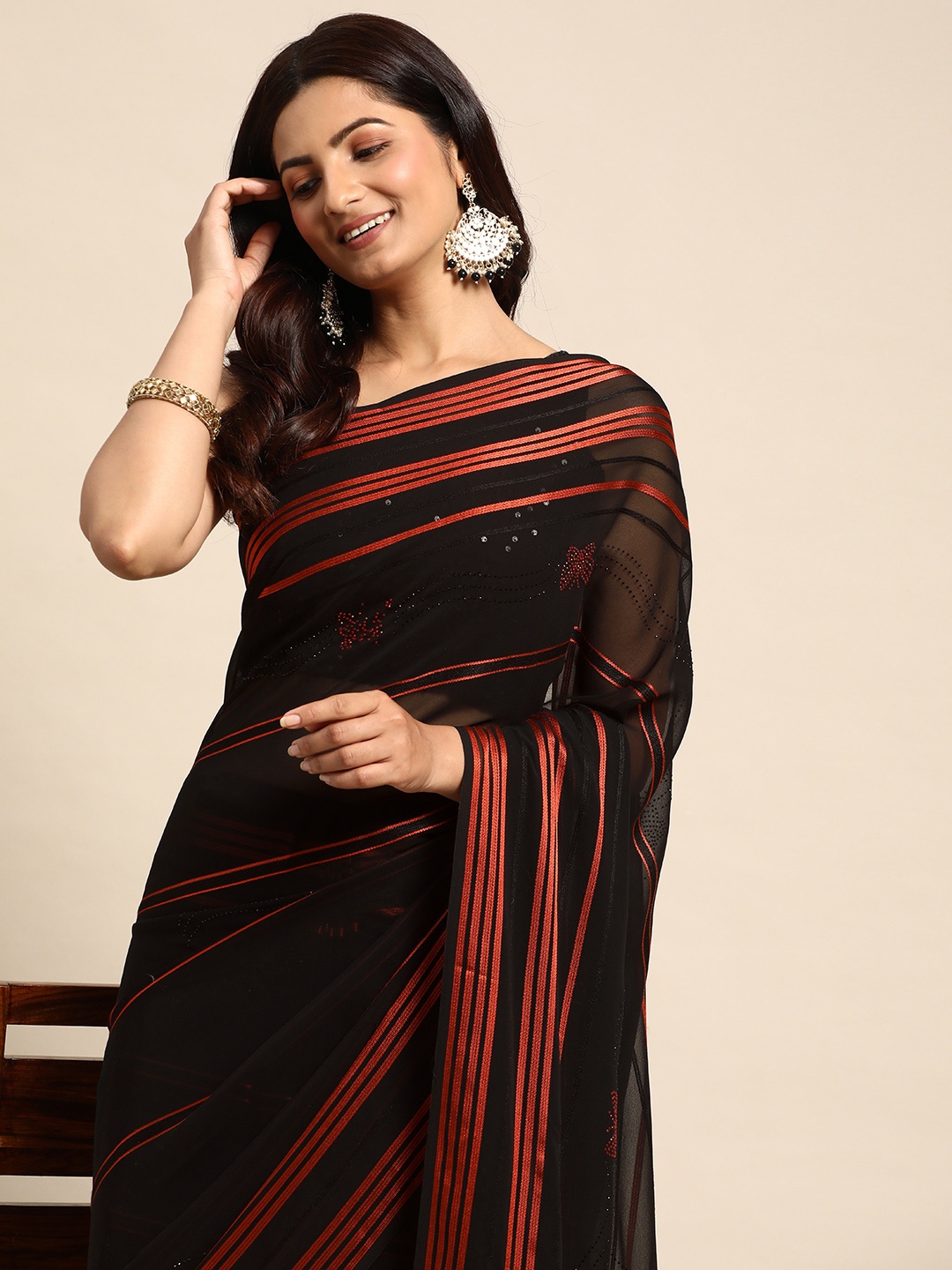 

Mitera Striped Pure Georgette Saree, Black