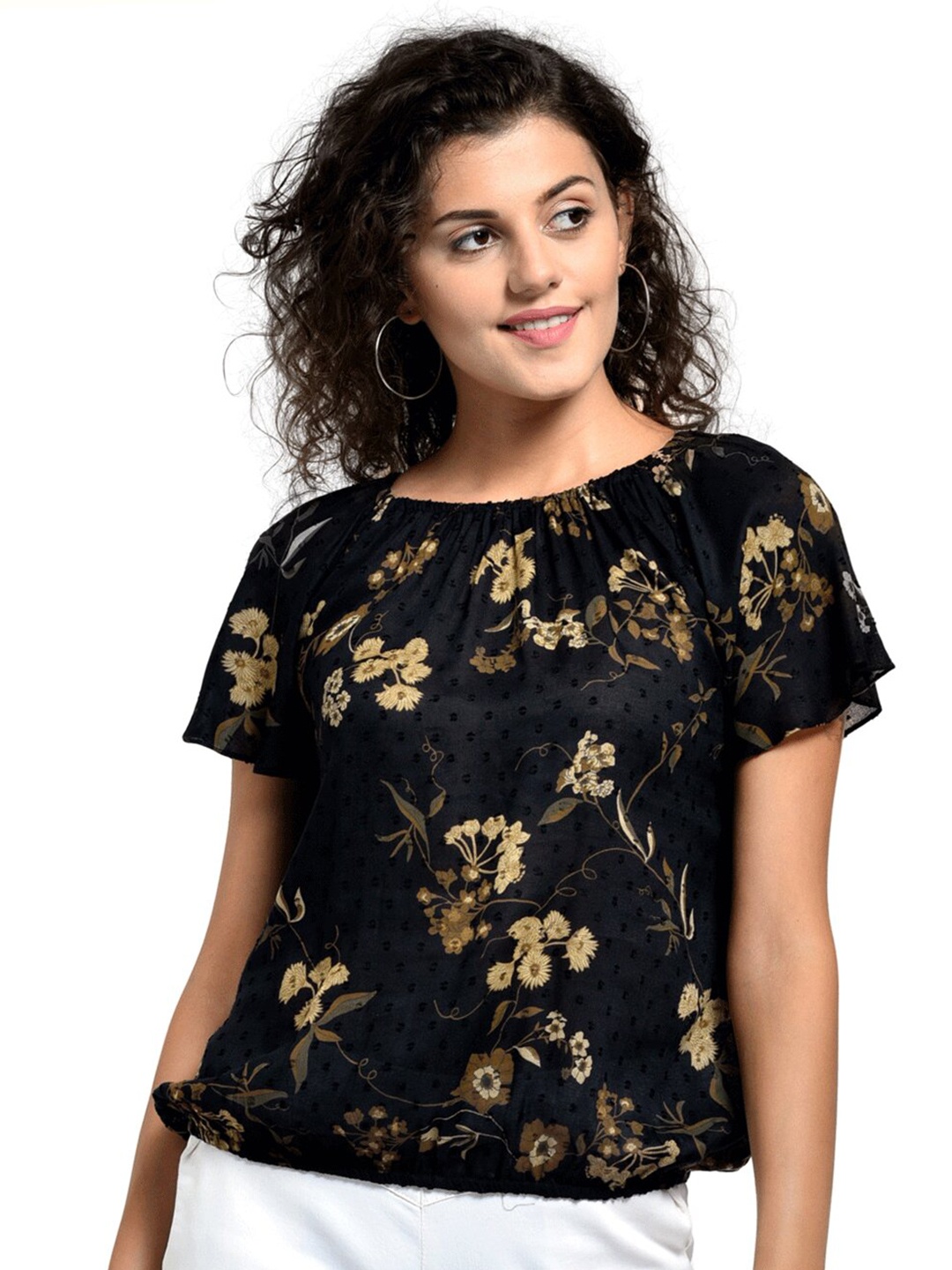 

urSense Floral Printed Off Shoulder Flared Sleeves Blouson Top, Black