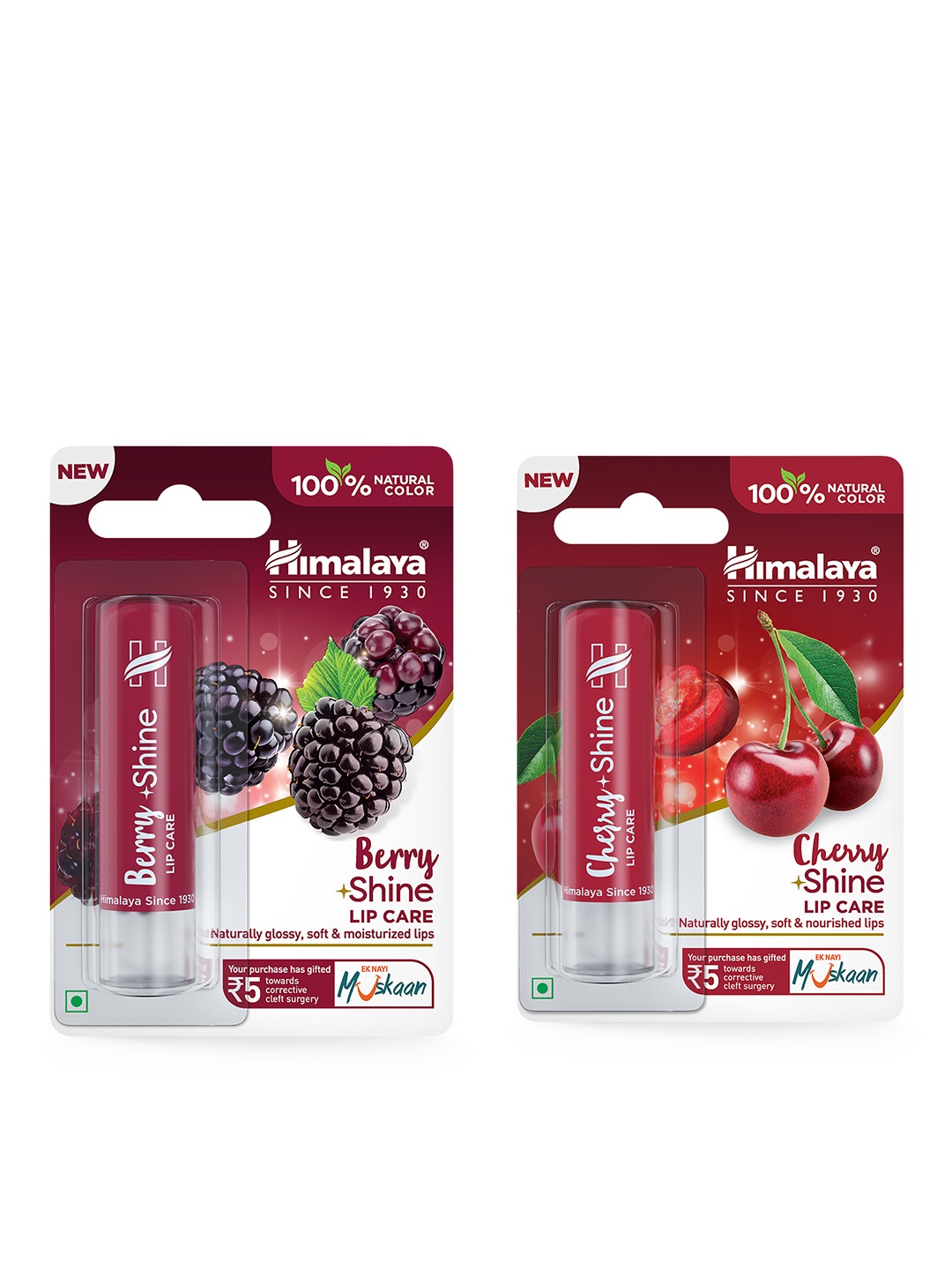 

Himalaya Set of 2 Lip Care Balm For Glossy Soft Lips 4.5g Each- Berry Shine & Cherry Shine, Pink