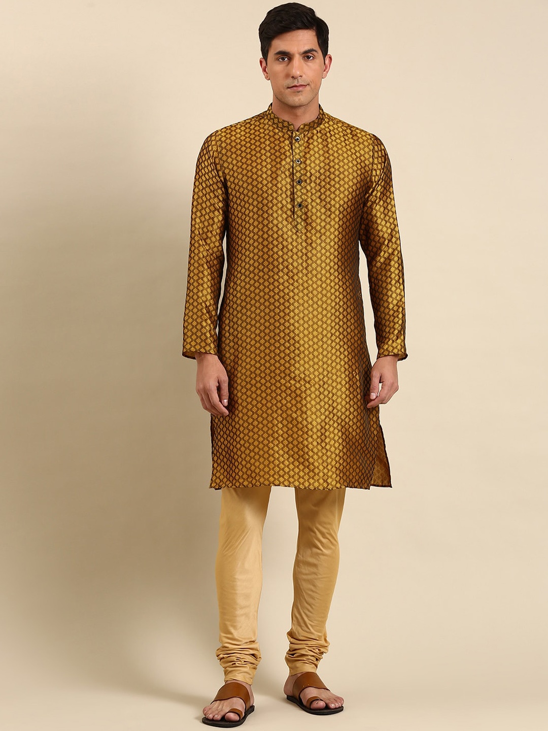 

Amodh by Kisah Ethnic Motifs Woven Design Mandarin Collar Dupion Silk Kurta, Yellow
