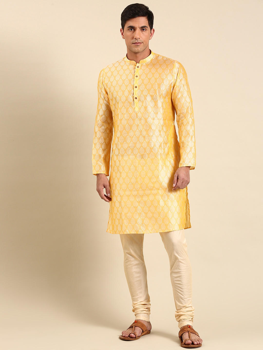 

Amodh by Kisah Ethnic Motifs Woven Design Mandarin Collar Dupion Silk Kurta, Yellow