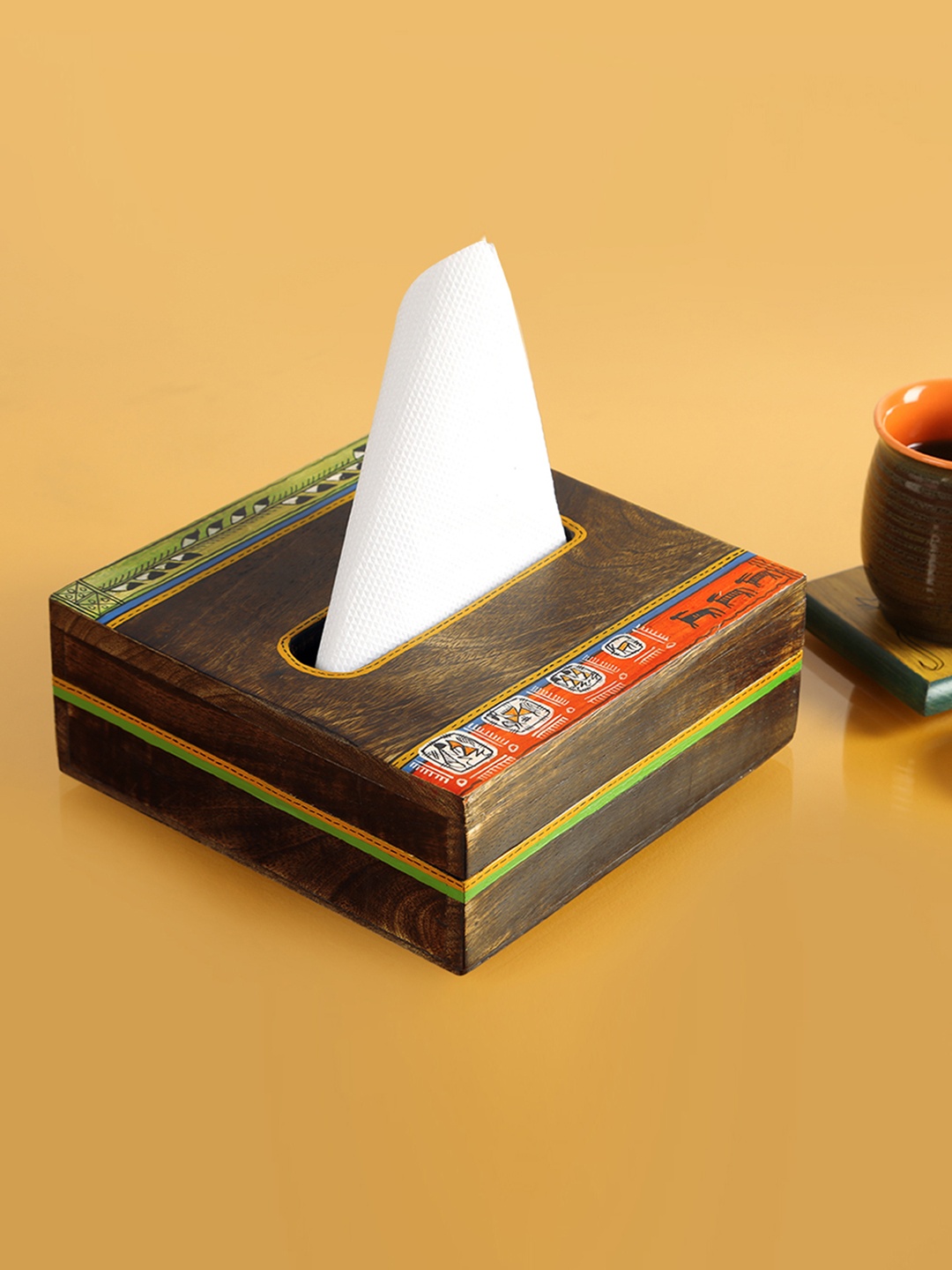 

ExclusiveLane Brown Warli Hand-Painted Mango Wooden Tissue Napkin Holder