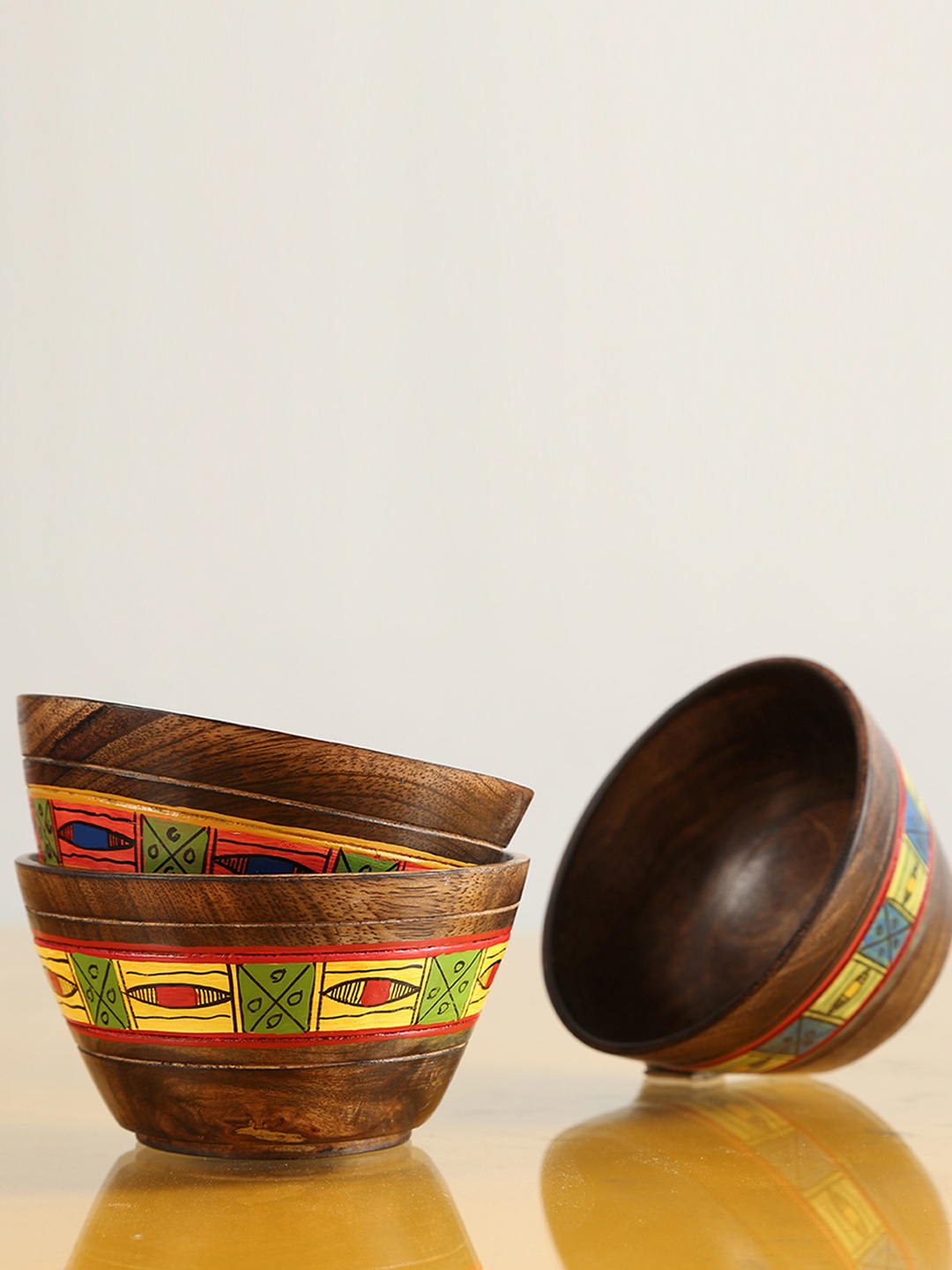 

ExclusiveLane Set Of 3 Simply Ethnic Hand-Painted Wooden Bowls, Brown