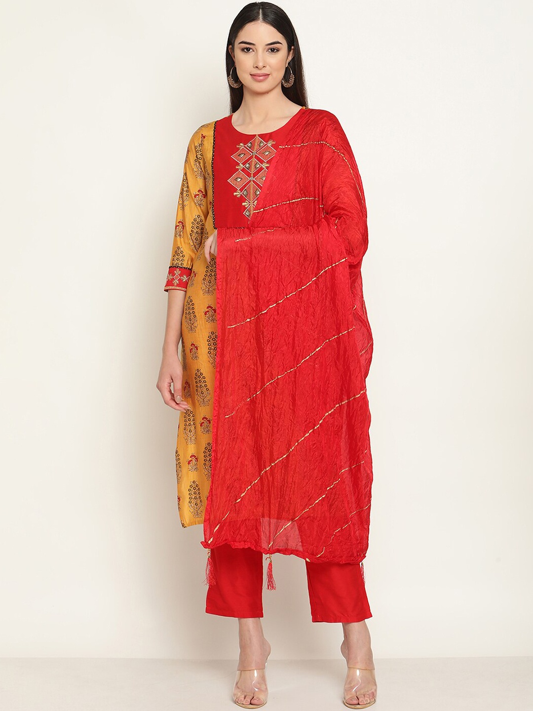 

Be Indi Women Floral Printed Straight Kurta with Trouser & Dupatta Set, Mustard