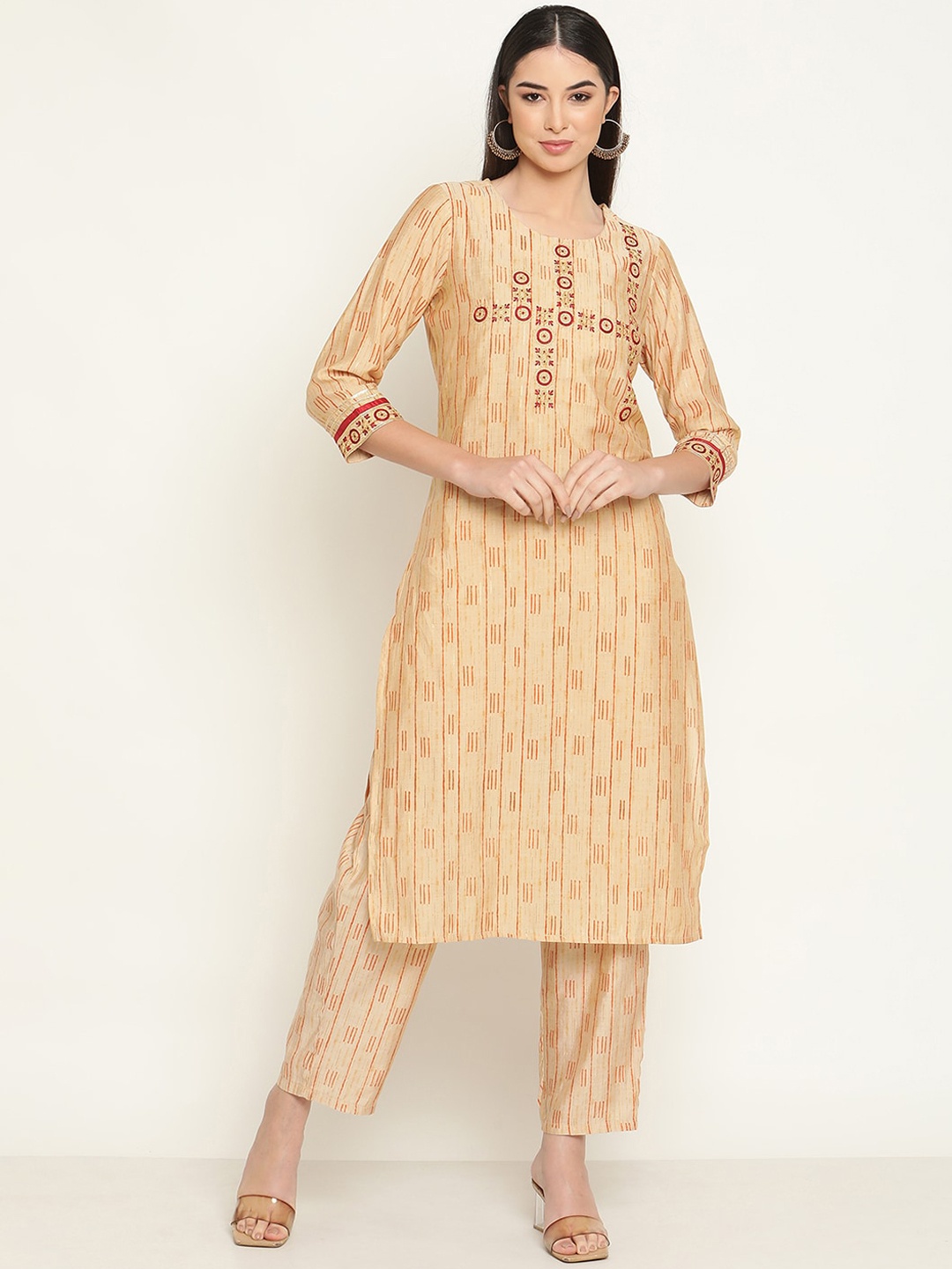 

Be Indi Women Ethnic Motifs Embroidered Straight Kurta with Trousers, Peach