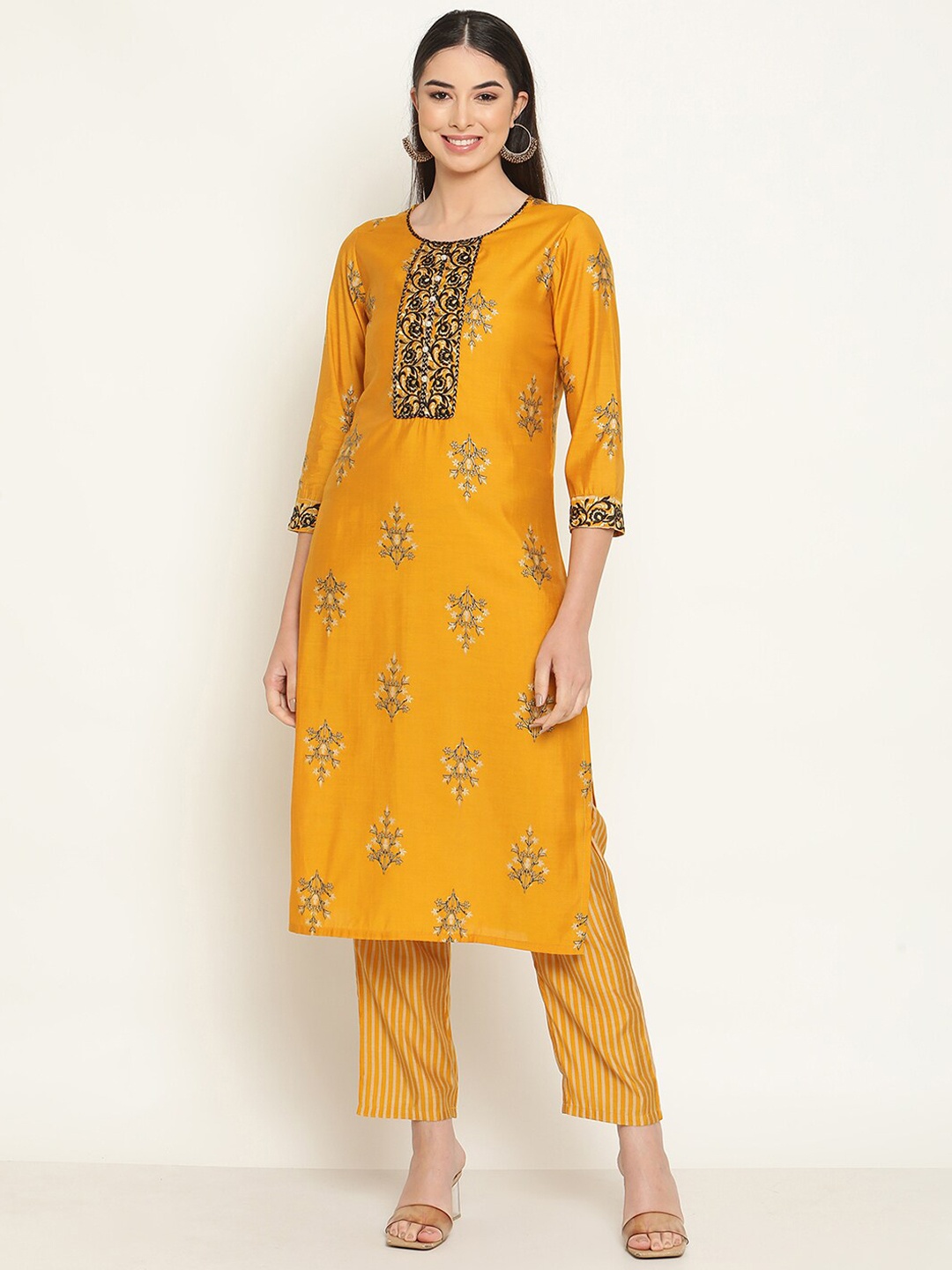 

Be Indi Women Floral Embroidered Straight Kurta with Trousers, Mustard