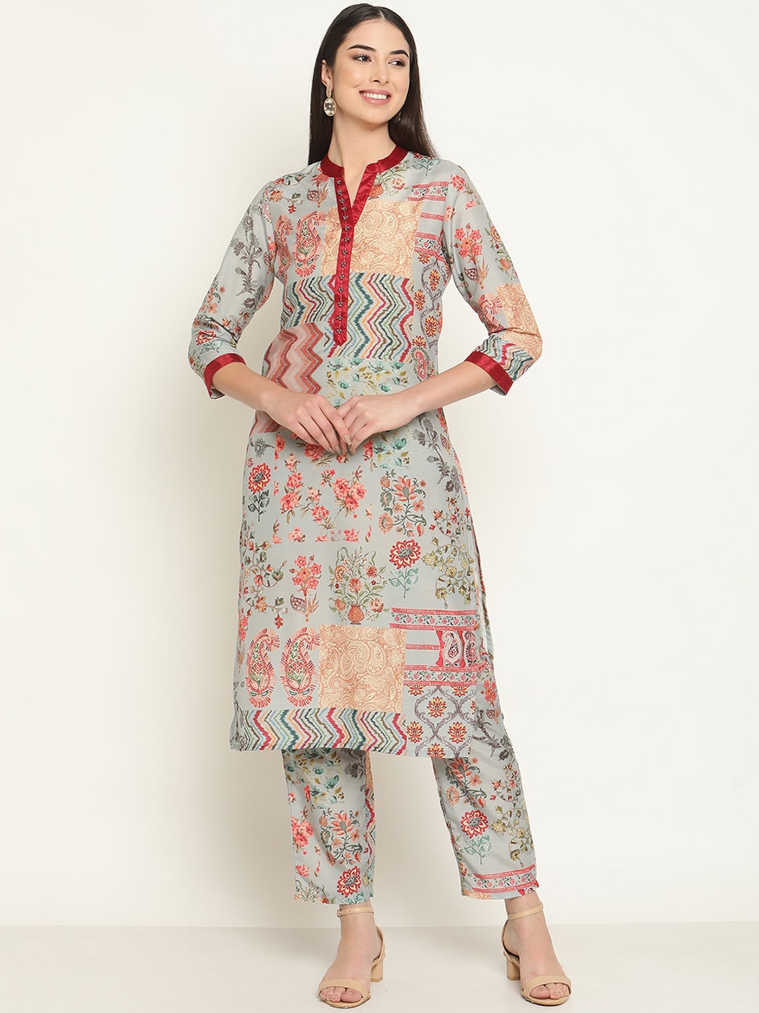 

Be Indi Women Floral Printed Straight & Collared Kurta Set with Trouser, Grey