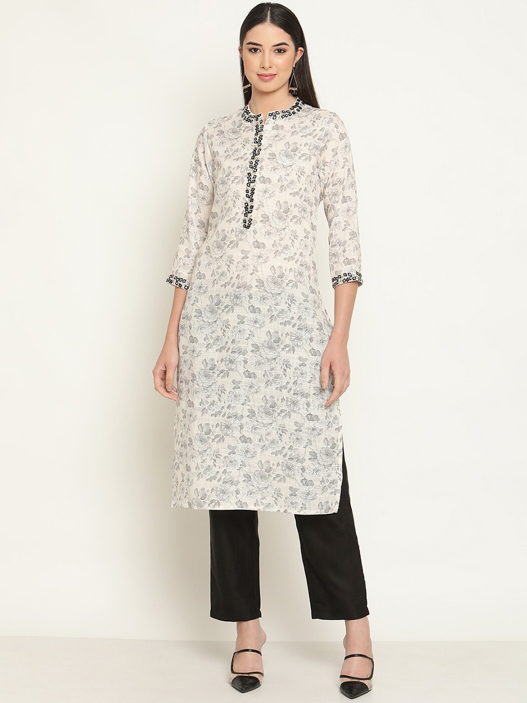 

Be Indi Women Floral Printed Straight Kurta with Trousers, Off white