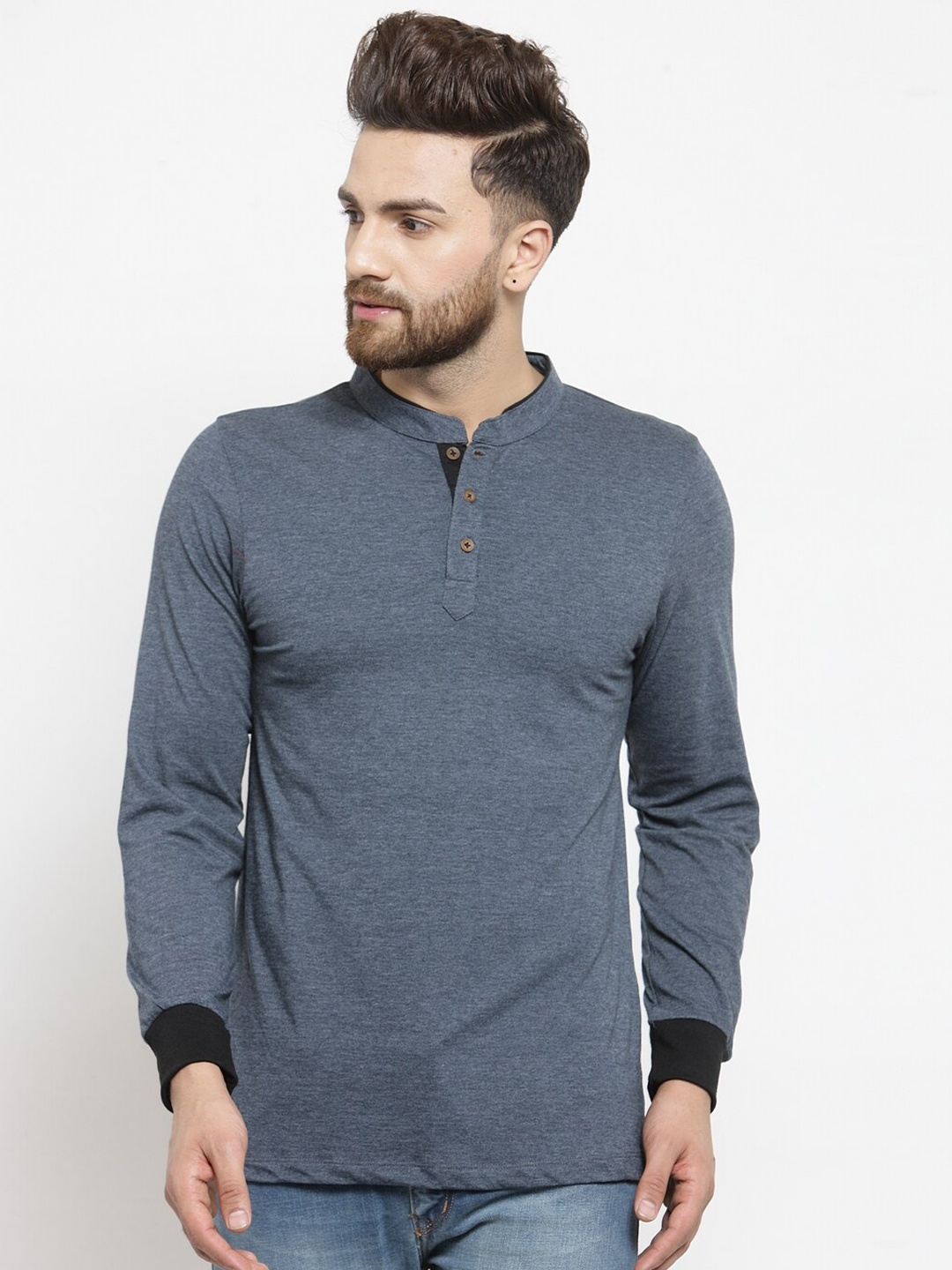 

Kalt Mandarin Collar Long Sleeves Casual T-Shirt, Grey