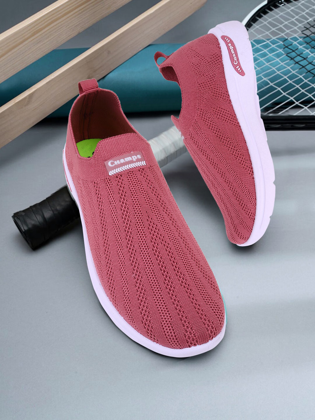 

Champs Women Woven Design Lightweight Mesh Contrast Sole Slip-On Sneakers, Rose