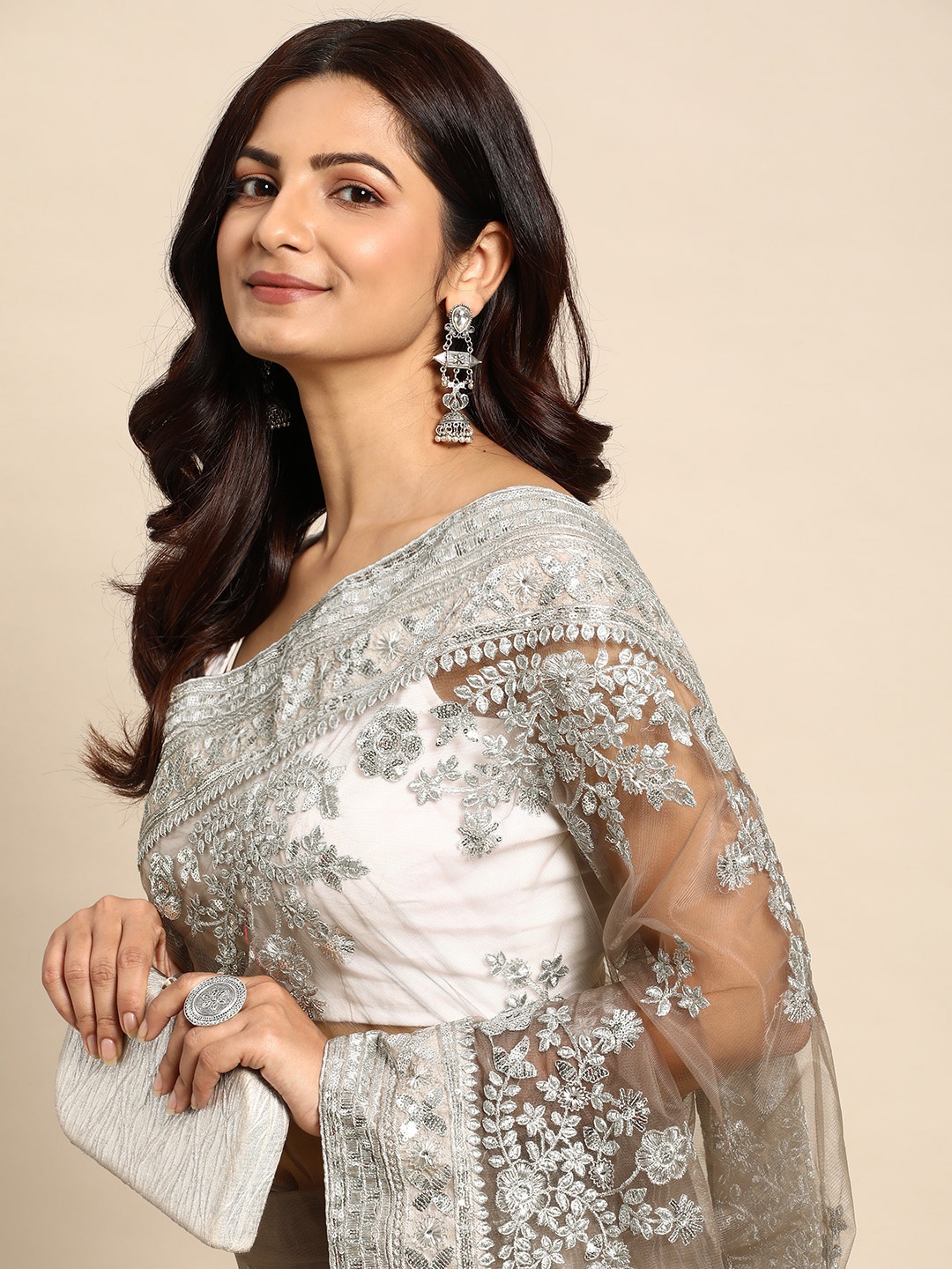 

Mitera Floral Embroidered Sequinned Net Saree, Grey