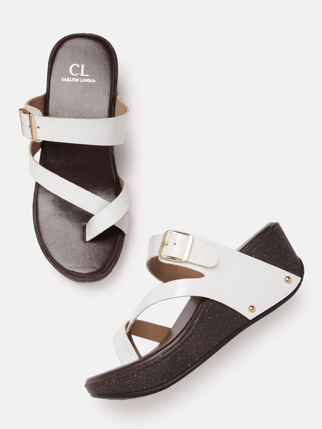 

Carlton London Women Croc Textured Wedge Heels with Buckle Detail, White