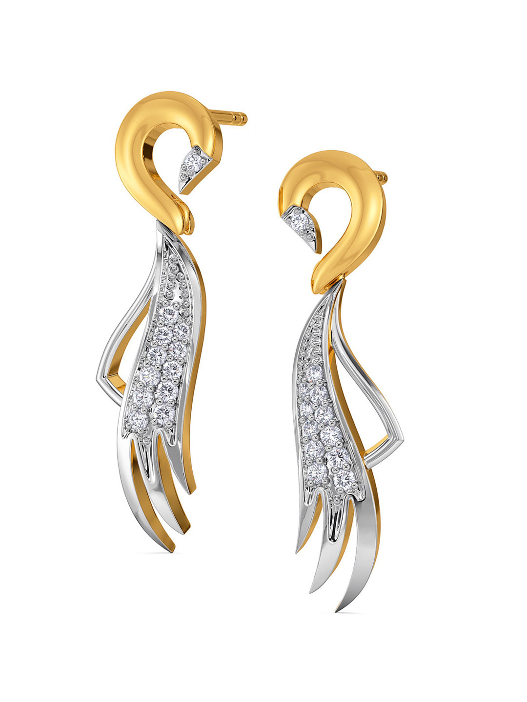 

Melorra Bold Stroke Diamond-Studded Rhodium-Plated 18KT Gold Drop Earrings-3.91gm