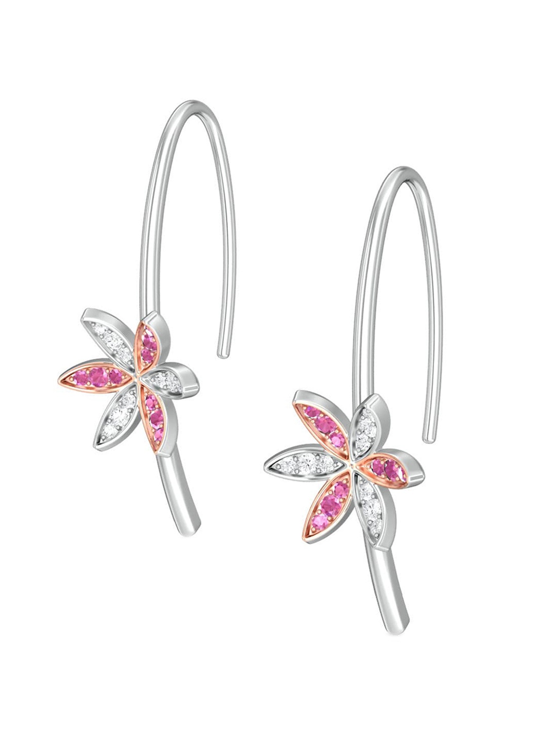 

MELORRA Pink Jasmine Diamond Studded 18KT White Gold Drop Earrings- 3.93gm, Silver