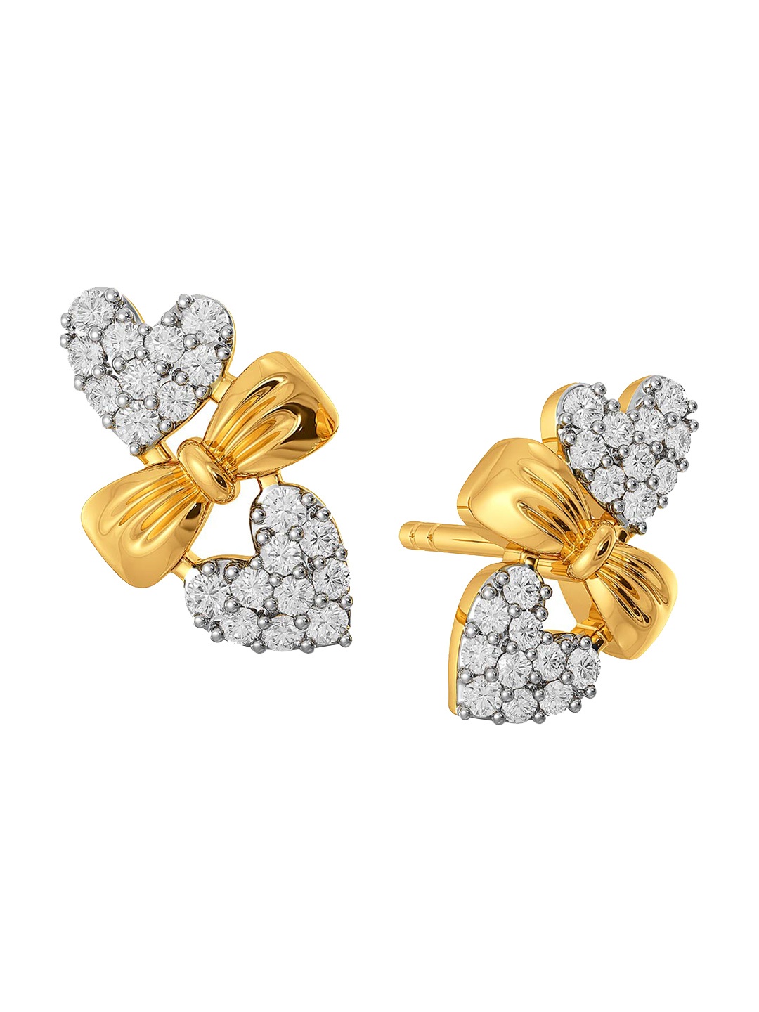 

MELORRA Hearts On Bow Diamond-Studded Rhodium-Plated 18KT Gold Stud -2.5gm