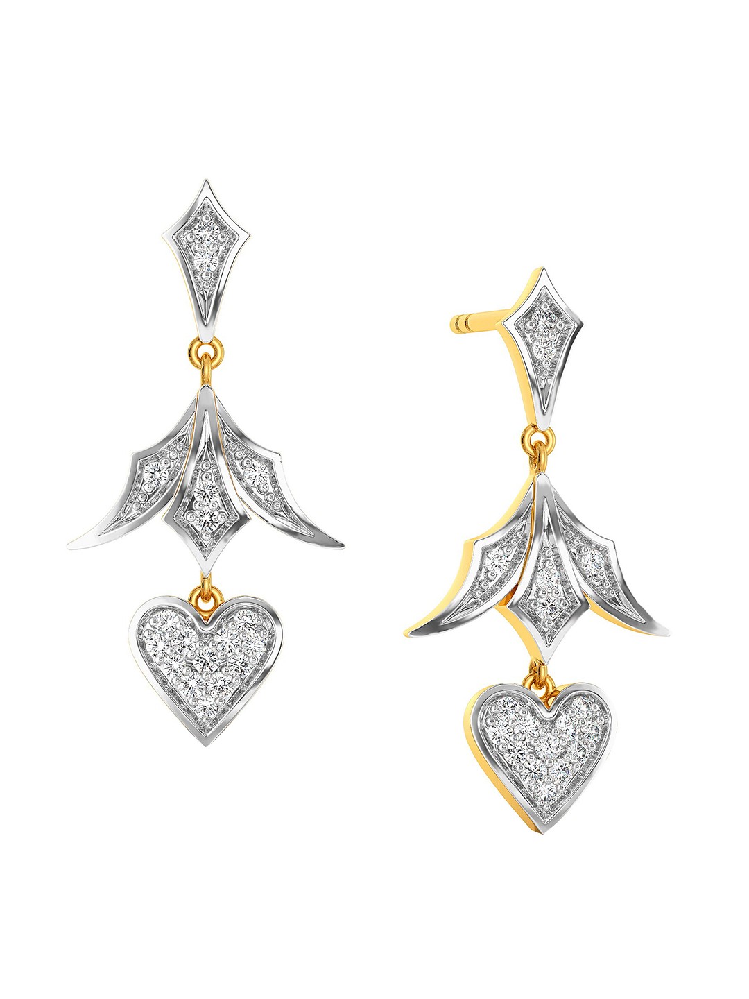 

MELORRA Heart Dcor Rhodium-Plated Diamond- Studded 18KT Gold Drop Earrings 3.17 gm