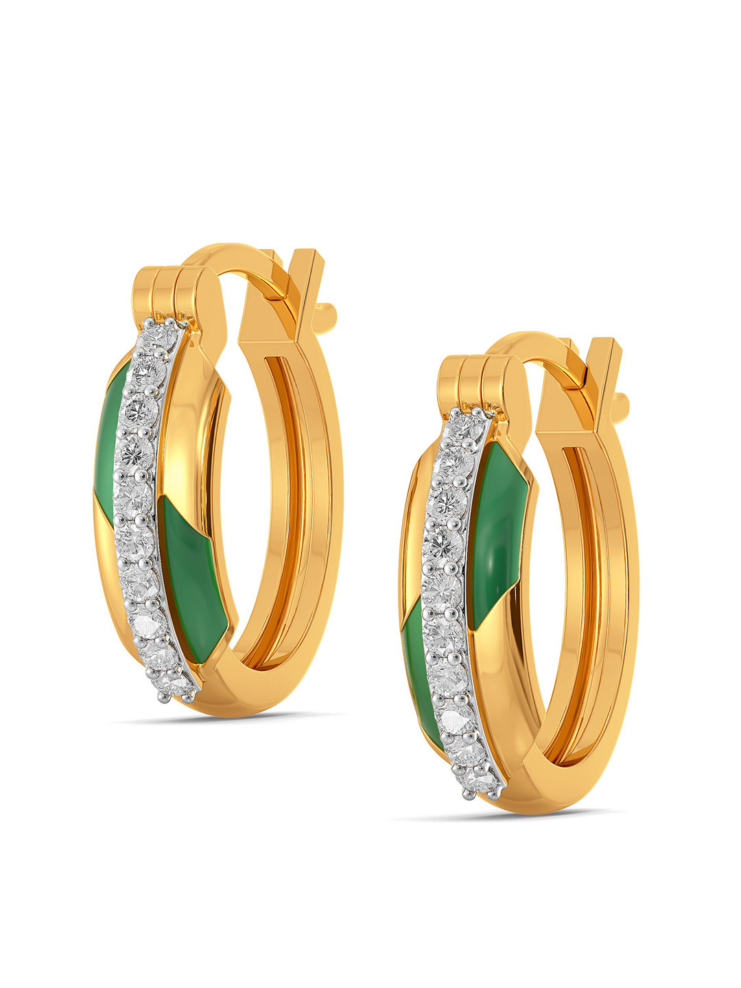 

MELORRA Green Parades Rhodium-Plated Diamond- Studded 18KT Gold Hoop Earrings-3.52 gm